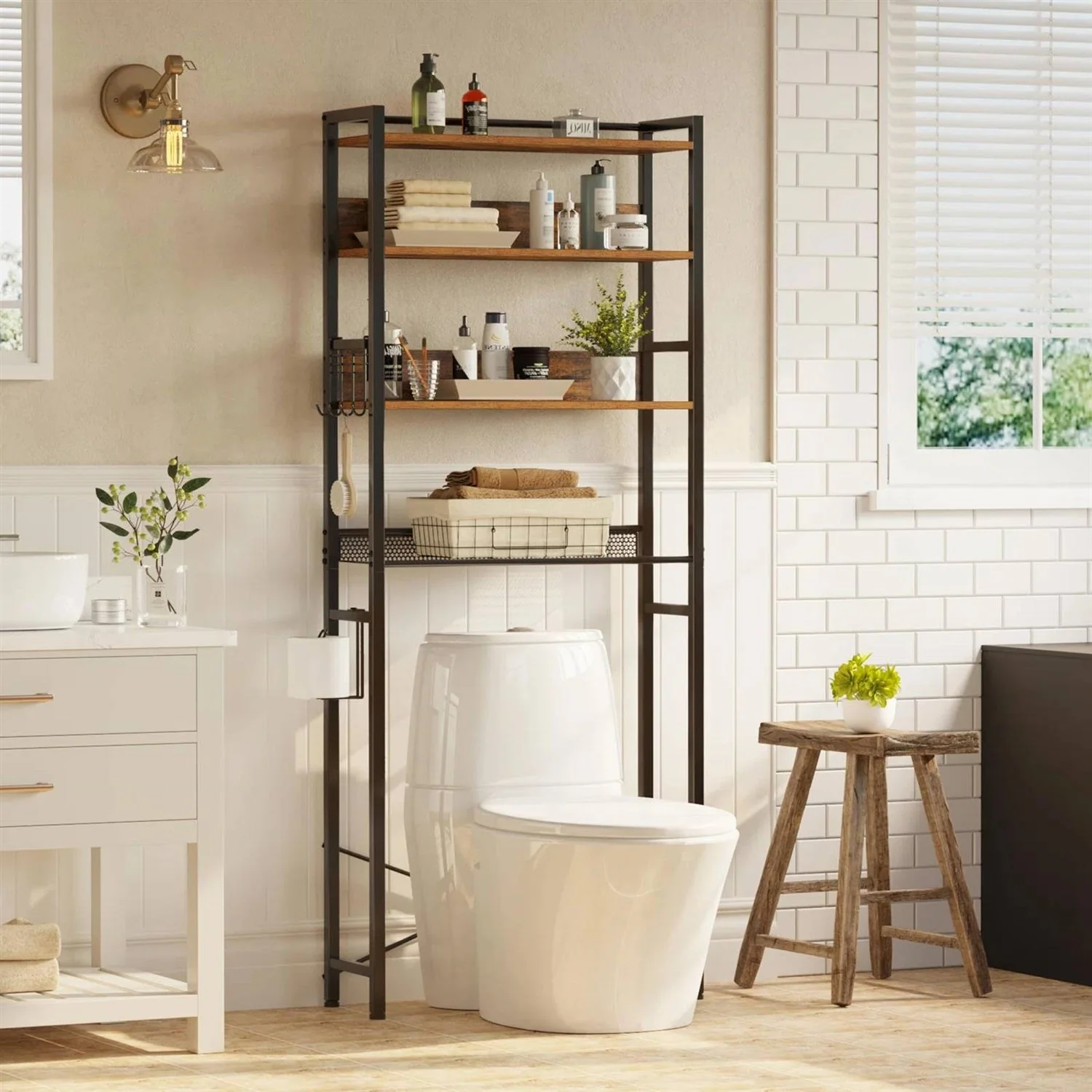 Over the Toilet Storage Freestanding Modern Black Metal Brown Wood Shelving Unit - Image 2