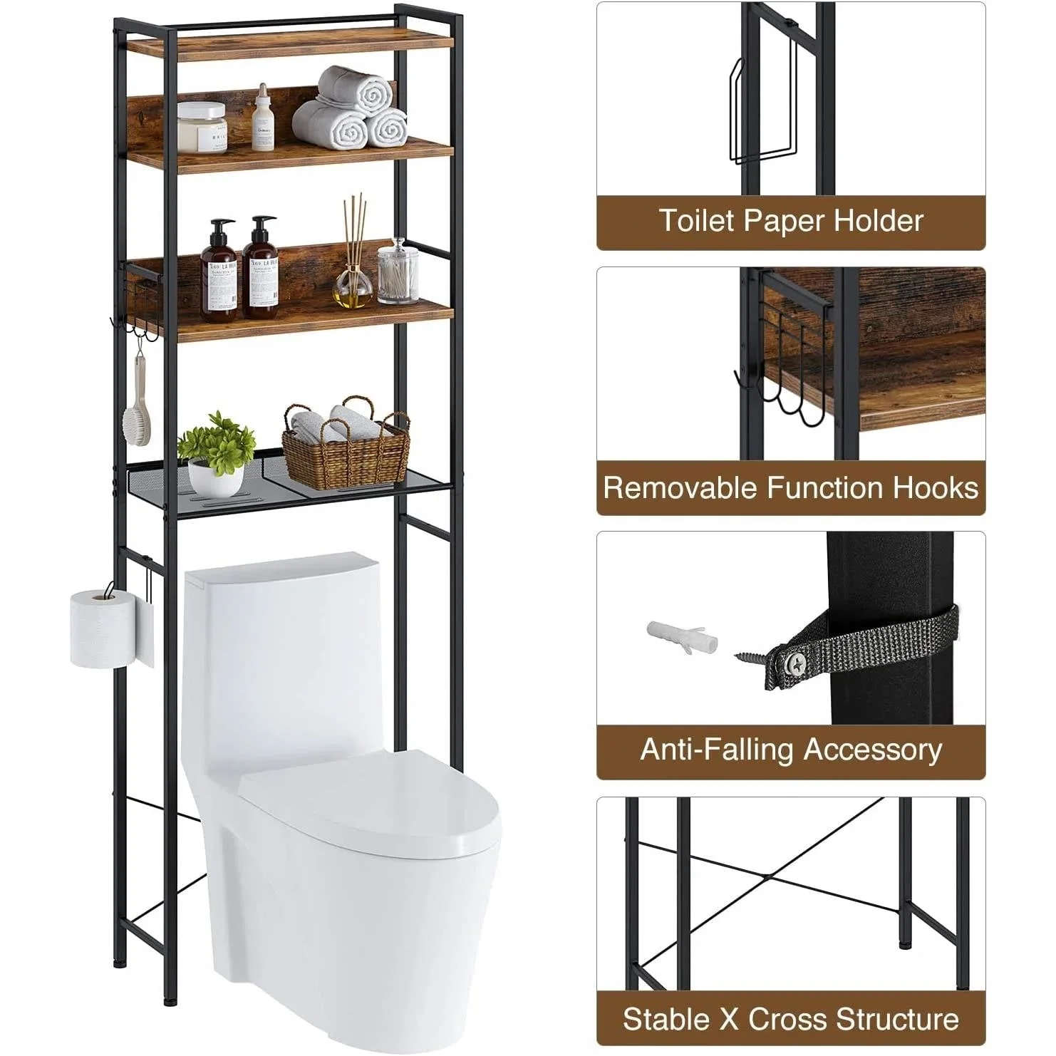 Over the Toilet Storage Freestanding Modern Black Metal Brown Wood Shelving Unit - Image 3