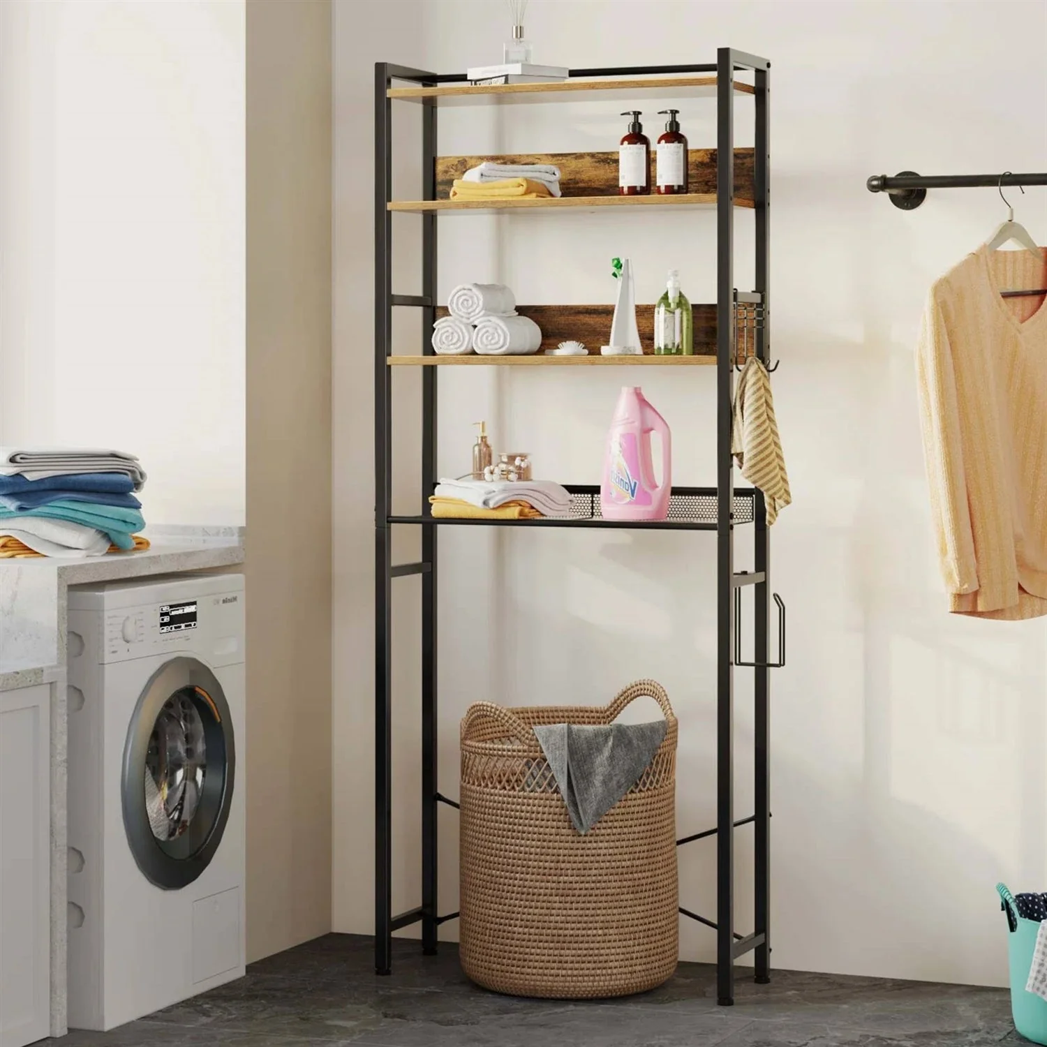 Over the Toilet Storage Freestanding Modern Black Metal Brown Wood Shelving Unit - Image 4
