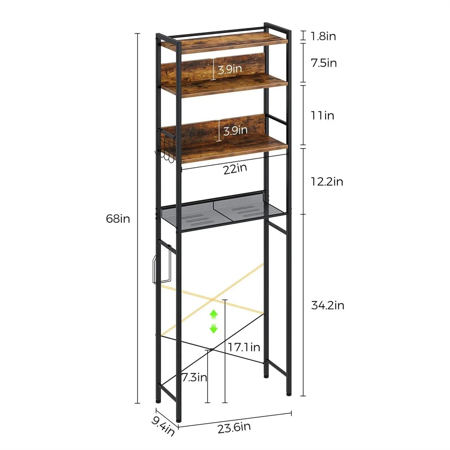 Over the Toilet Storage Freestanding Modern Black Metal Brown Wood Shelving Unit - Image 5