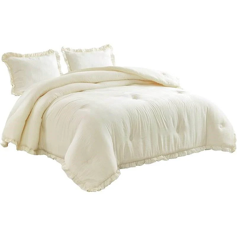 Oversized King Ivory Microfiber 3-Piece Comforter Set with Ruffled Edge Trim - Image 2