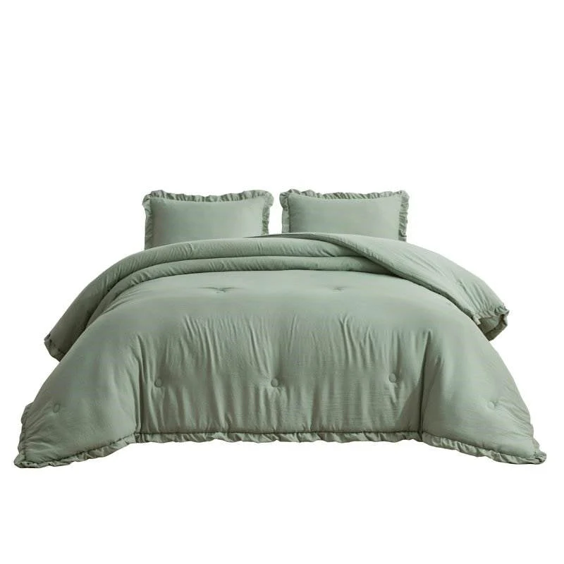 Oversized King Sage Microfiber 3-Piece Comforter Set with Ruffled Edge Trim - Image 5