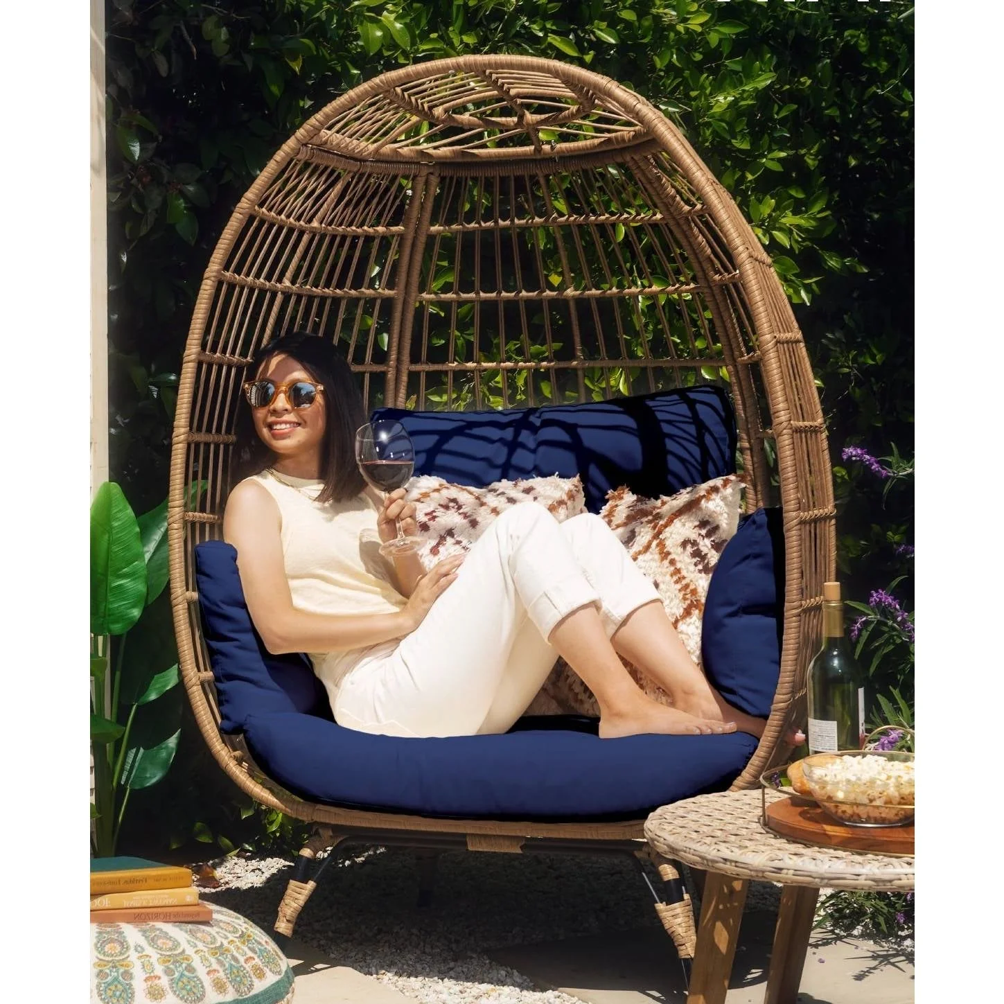 Oversized Patio Lounger Indoor/Outdoor Wicker Rattan Egg Chair Dark Blue - Image 2