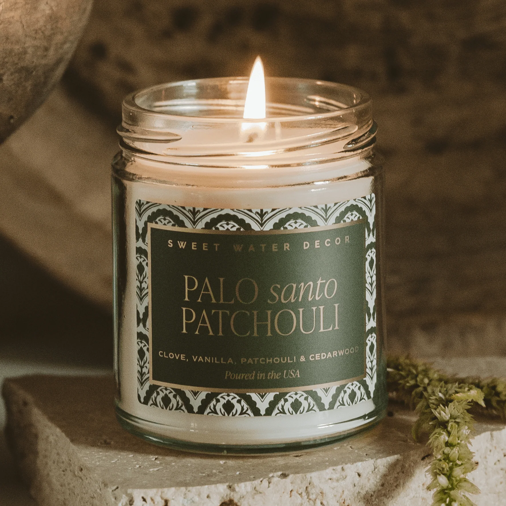 Palo Santo Patchouli Soy Candle - Clear Patterned Jar - 9 oz - Image 2