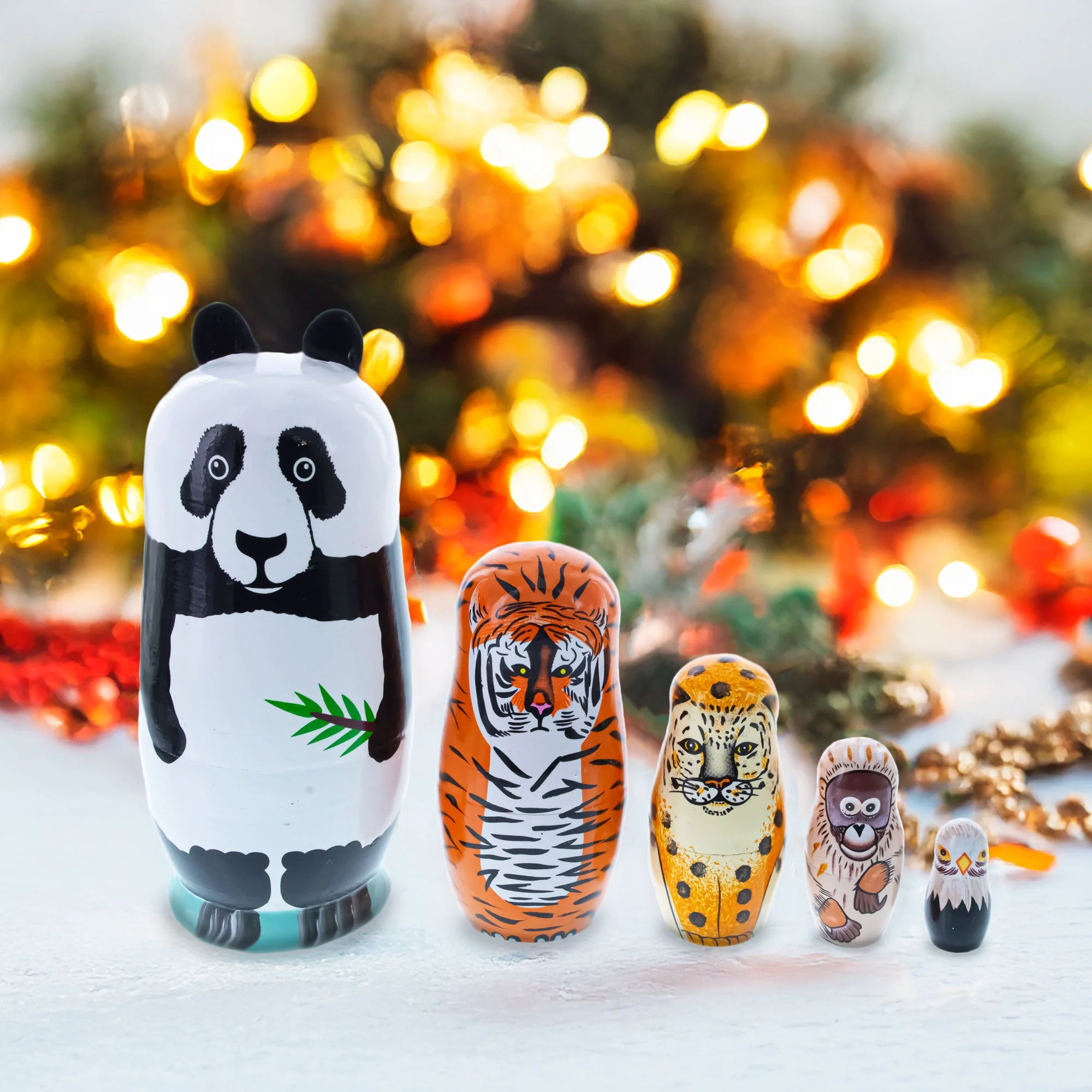 Panda, Tiger, Leopard, Monkey, Eagle Wooden Nesting Dolls - Image 2