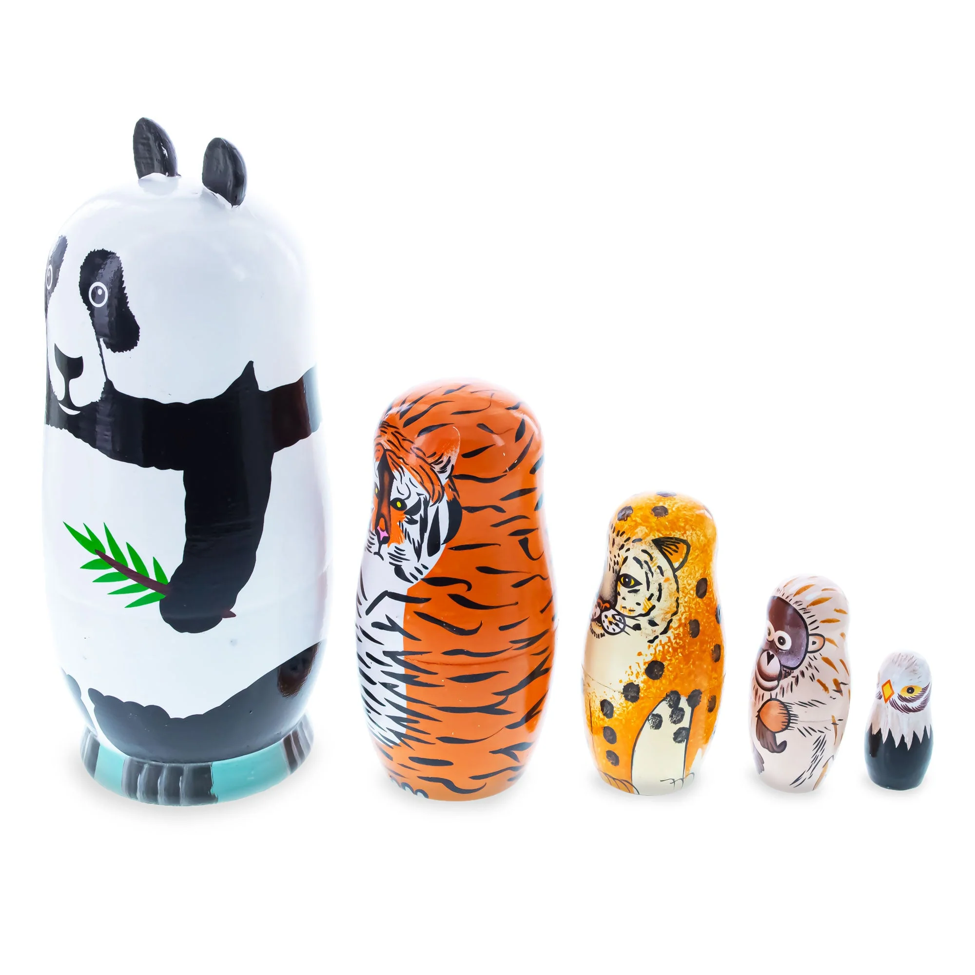 Panda, Tiger, Leopard, Monkey, Eagle Wooden Nesting Dolls - Image 3