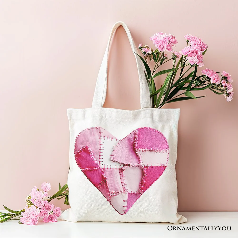 Patchwork-Style Pink Heart Canvas Tote Bag, Vintage Valentine Coquette Love Printed Gift Bag - Image 4