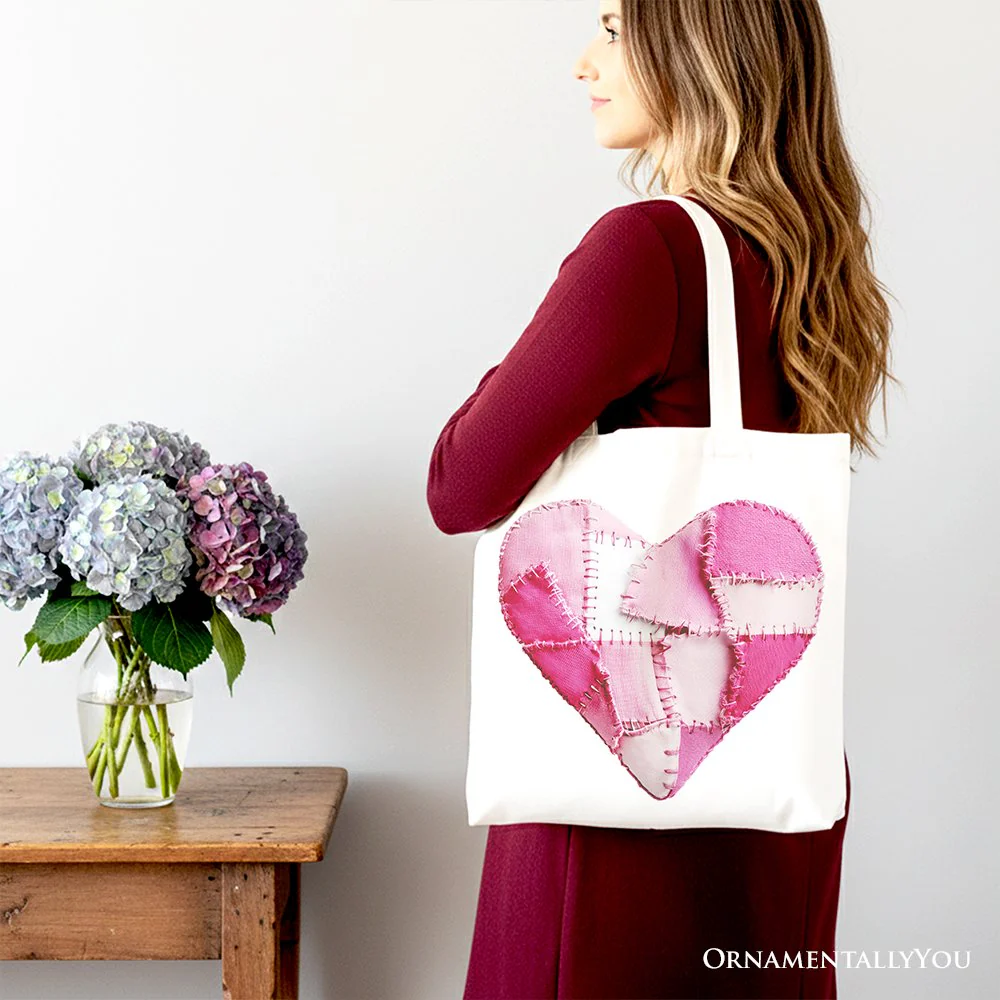 Patchwork-Style Pink Heart Canvas Tote Bag, Vintage Valentine Coquette Love Printed Gift Bag - Image 5