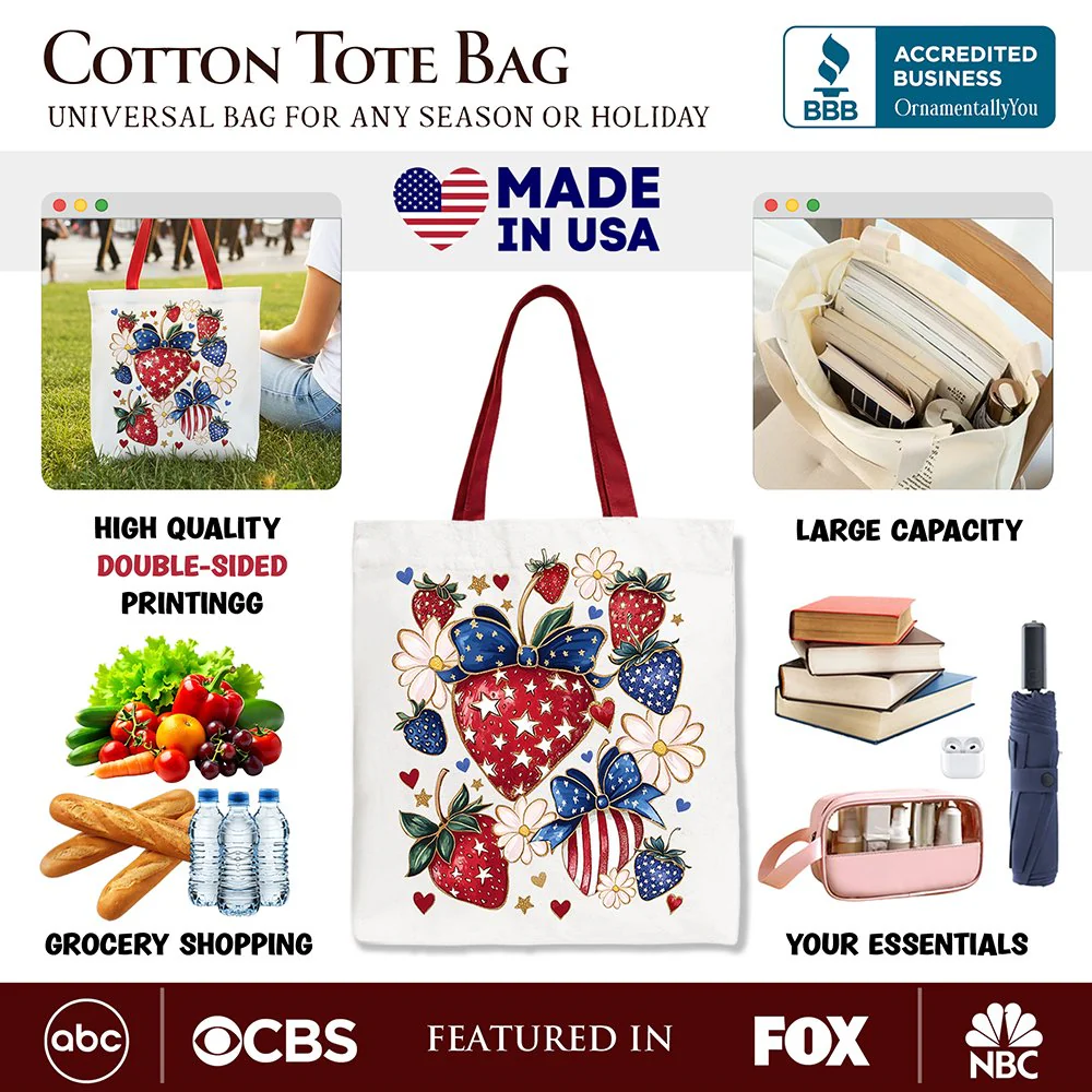 Patriotic Boho Strawberries Bouquet Canvas Tote Bag, 4th of July Festive Patch Gift - Image 2