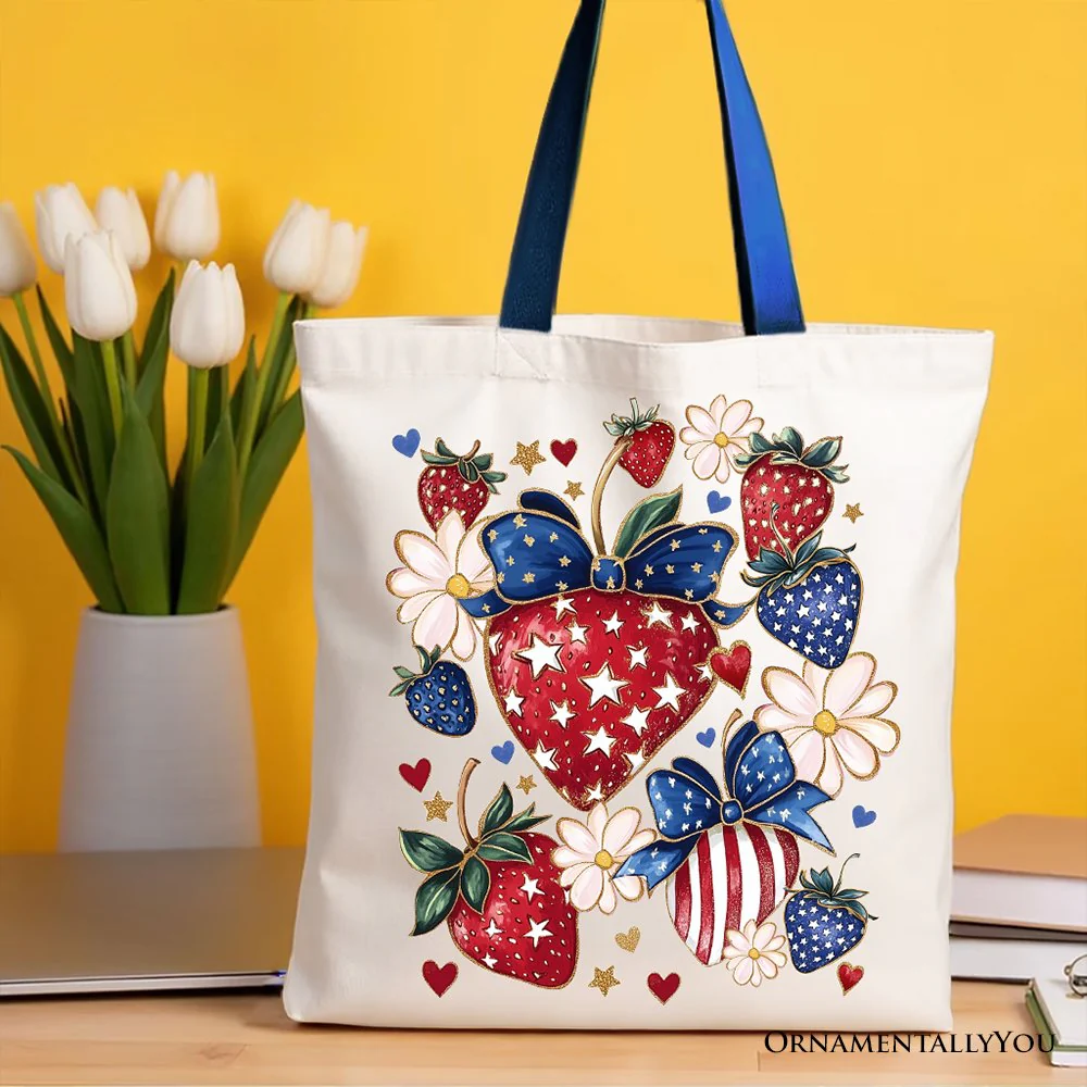 Patriotic Boho Strawberries Bouquet Canvas Tote Bag, 4th of July Festive Patch Gift - Image 4