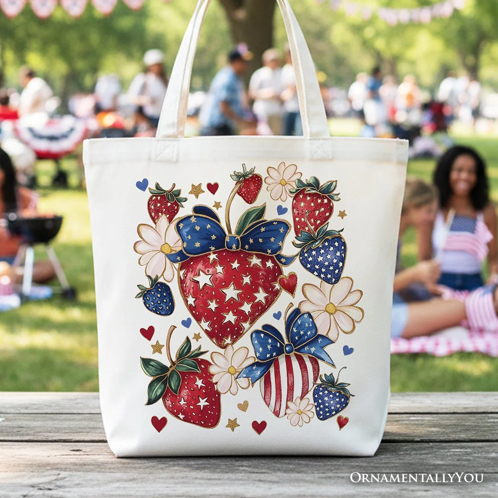 Patriotic Boho Strawberries Bouquet Canvas Tote Bag, 4th of July Festive Patch Gift - Image 5