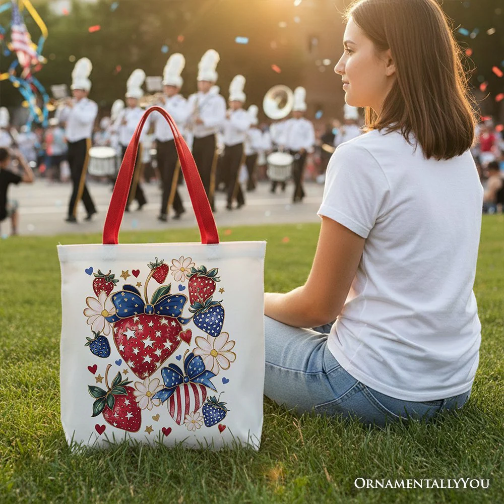 Patriotic Boho Strawberries Bouquet Canvas Tote Bag, 4th of July Festive Patch Gift - Image 6