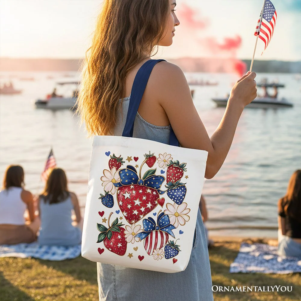 Patriotic Boho Strawberries Bouquet Canvas Tote Bag, 4th of July Festive Patch Gift - Image 7