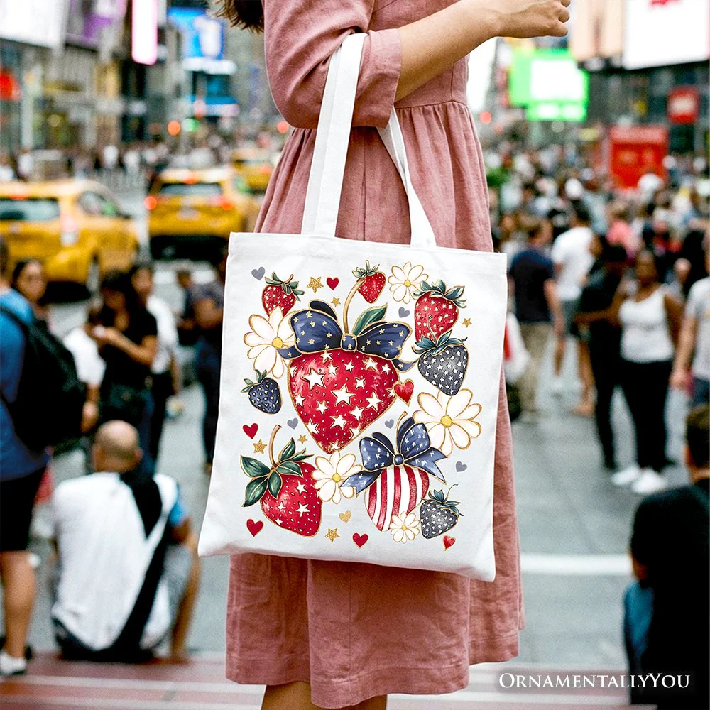 Patriotic Boho Strawberries Bouquet Canvas Tote Bag, 4th of July Festive Patch Gift - Image 8