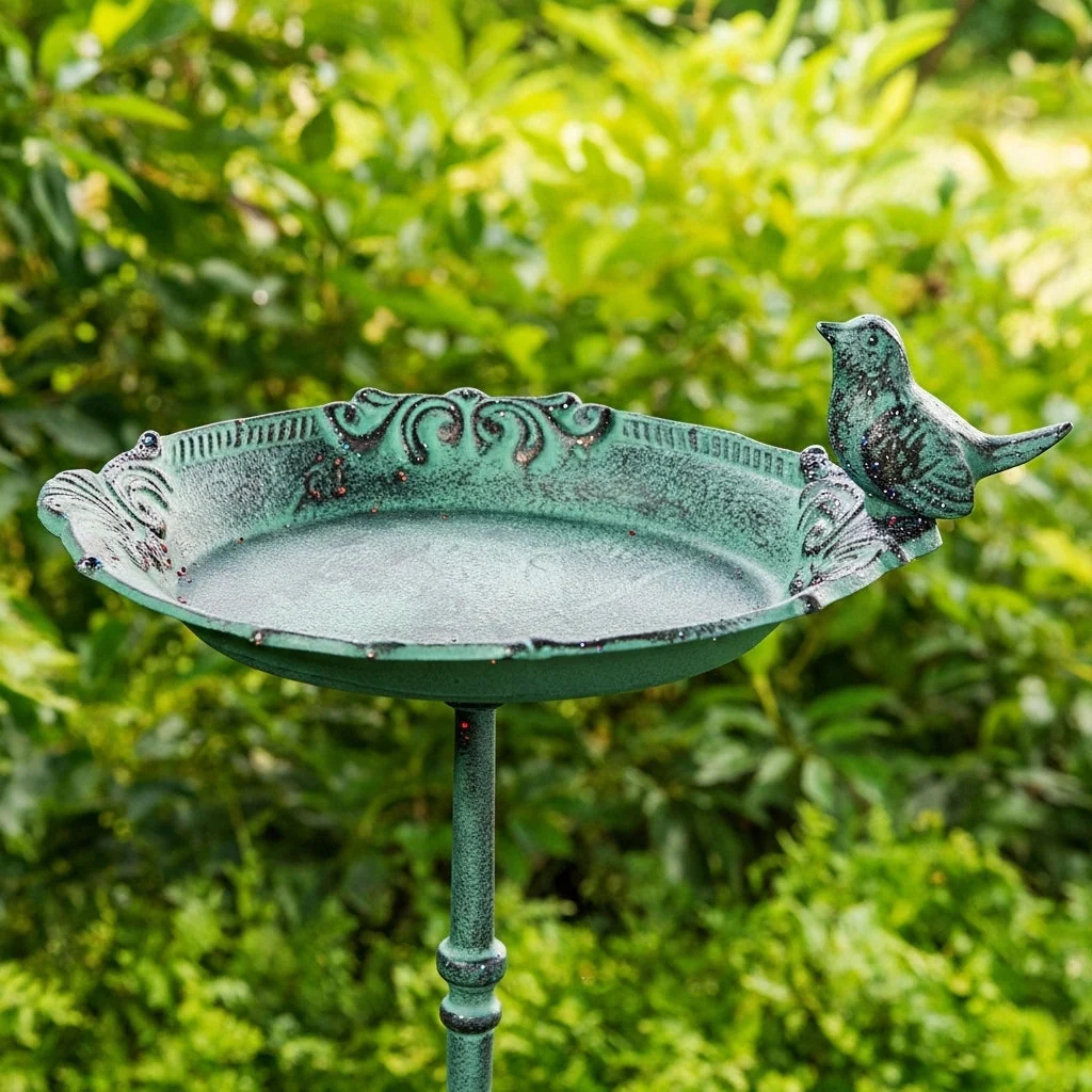 Pedestal Bird Bath Cast Iron Green Patina Garden Decor - Image 2