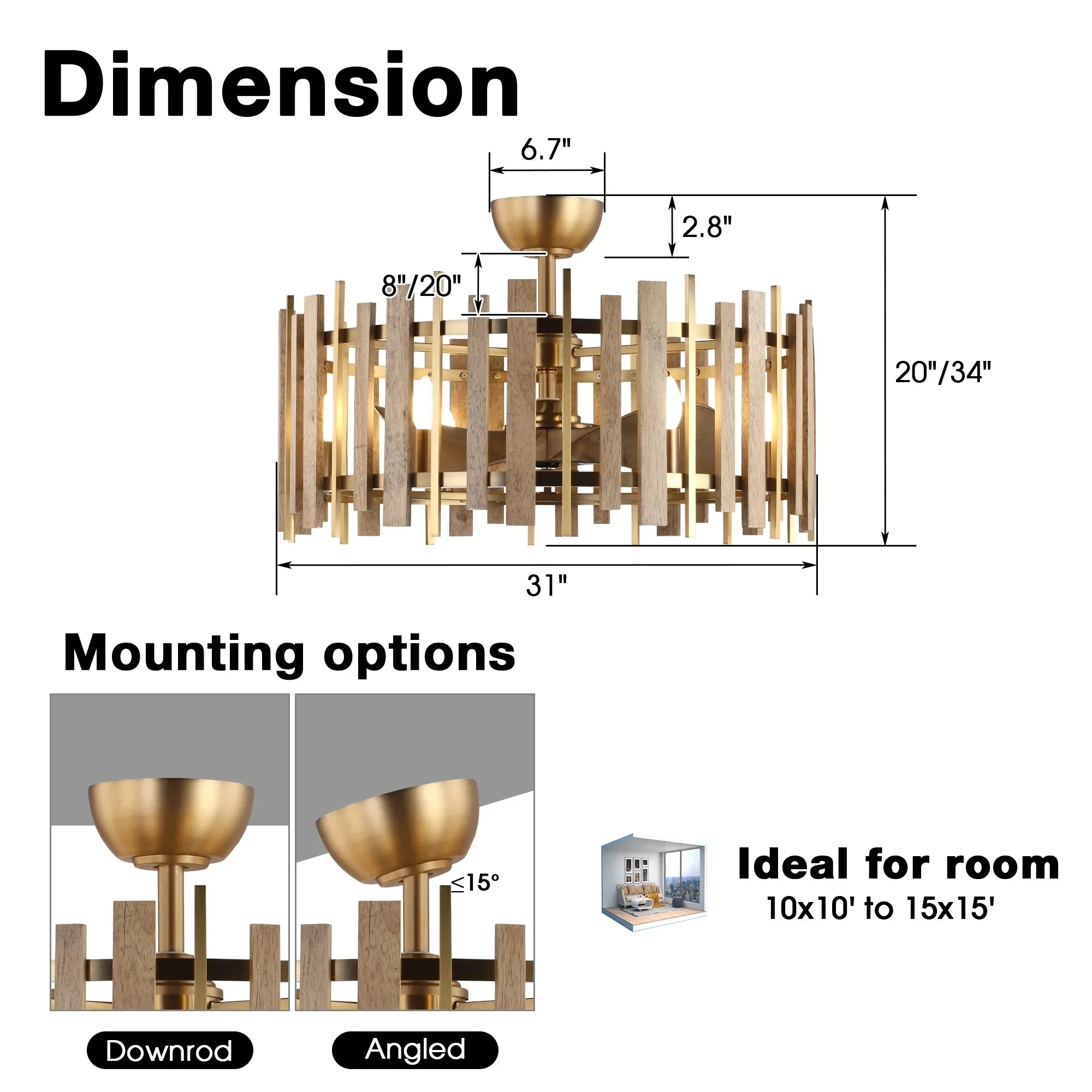 Perimost 31 Inch Electroplated Golden Downrod Mount Luxury Fandelier with Light and Remote Control - Image 8