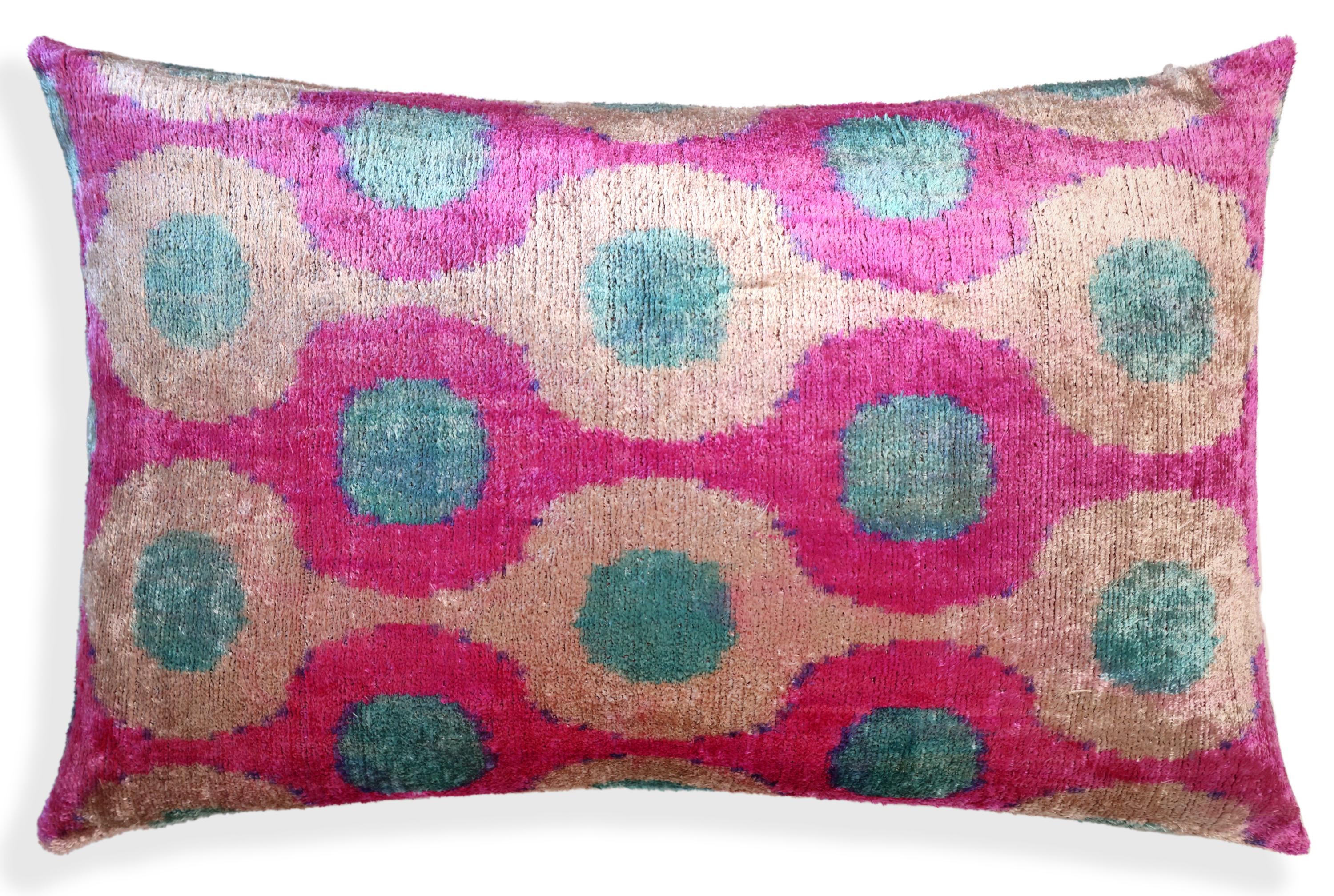 Pink and Aqua Circle Silk Velvet Pillow 16x24 Handmade Luxury Cushion - Image 5