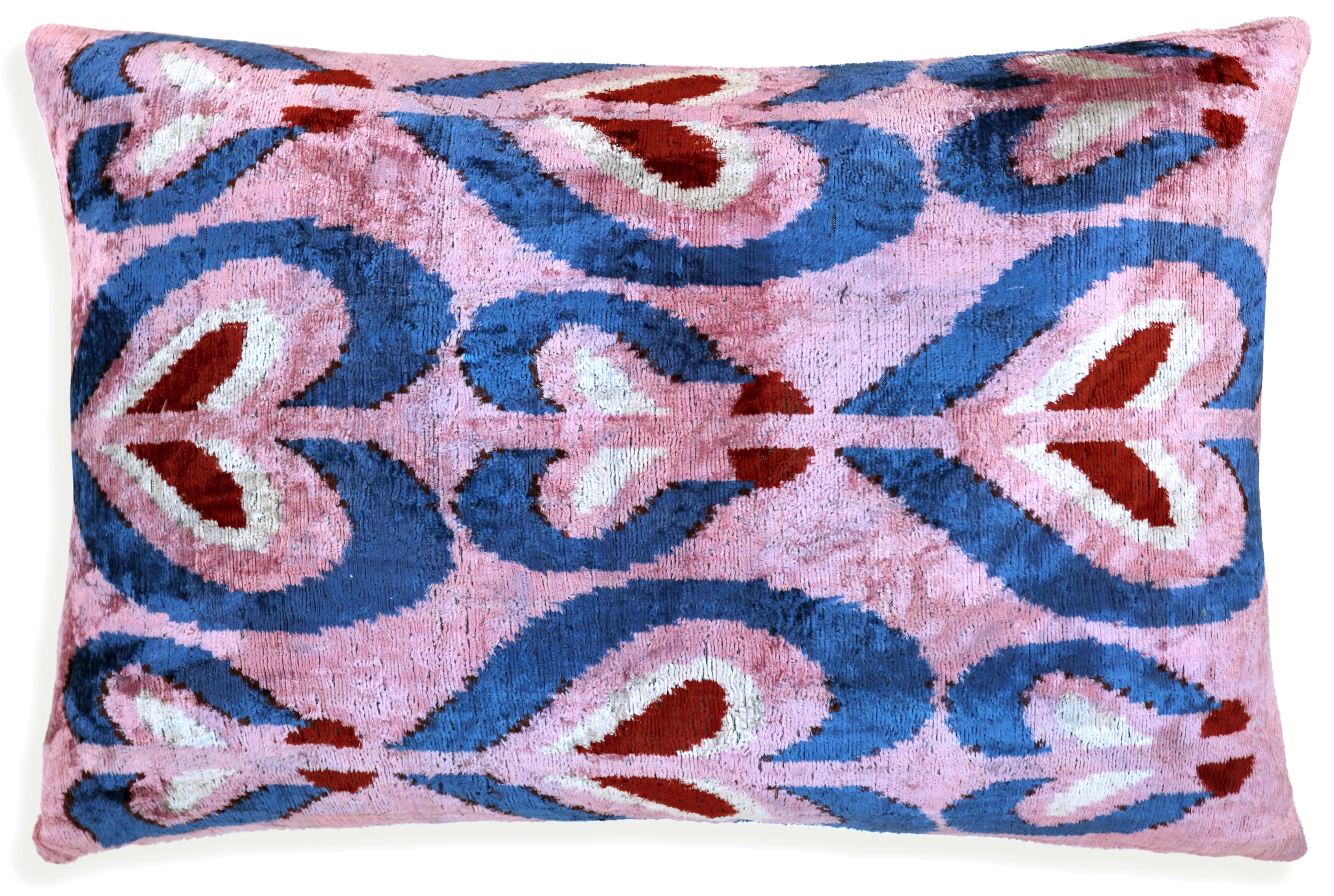 Pink & Blue Heart Pattern Velvet Pillow – Handmade 16x24 Lumbar - Image 5