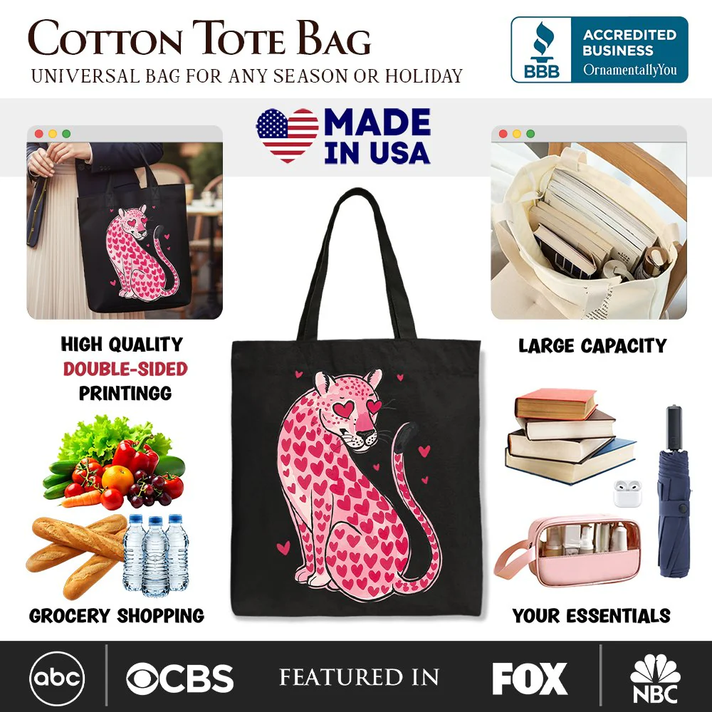 Pink Leopard Valentine Canvas Tote Bag, Cute Hearts Reusable Urban Bag - Image 2