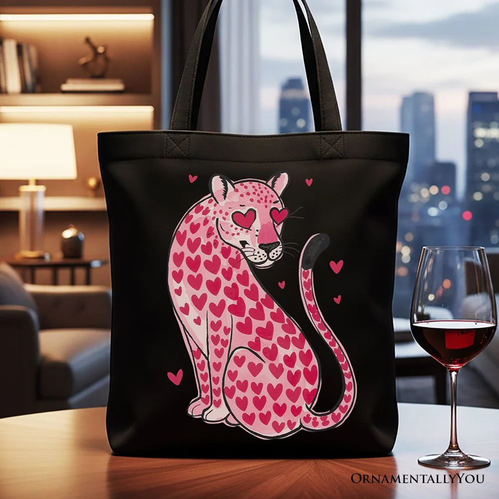 Pink Leopard Valentine Canvas Tote Bag, Cute Hearts Reusable Urban Bag - Image 4