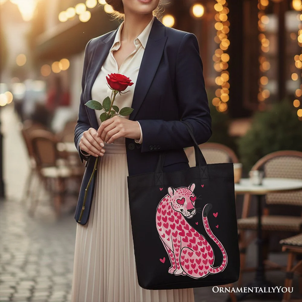 Pink Leopard Valentine Canvas Tote Bag, Cute Hearts Reusable Urban Bag - Image 5