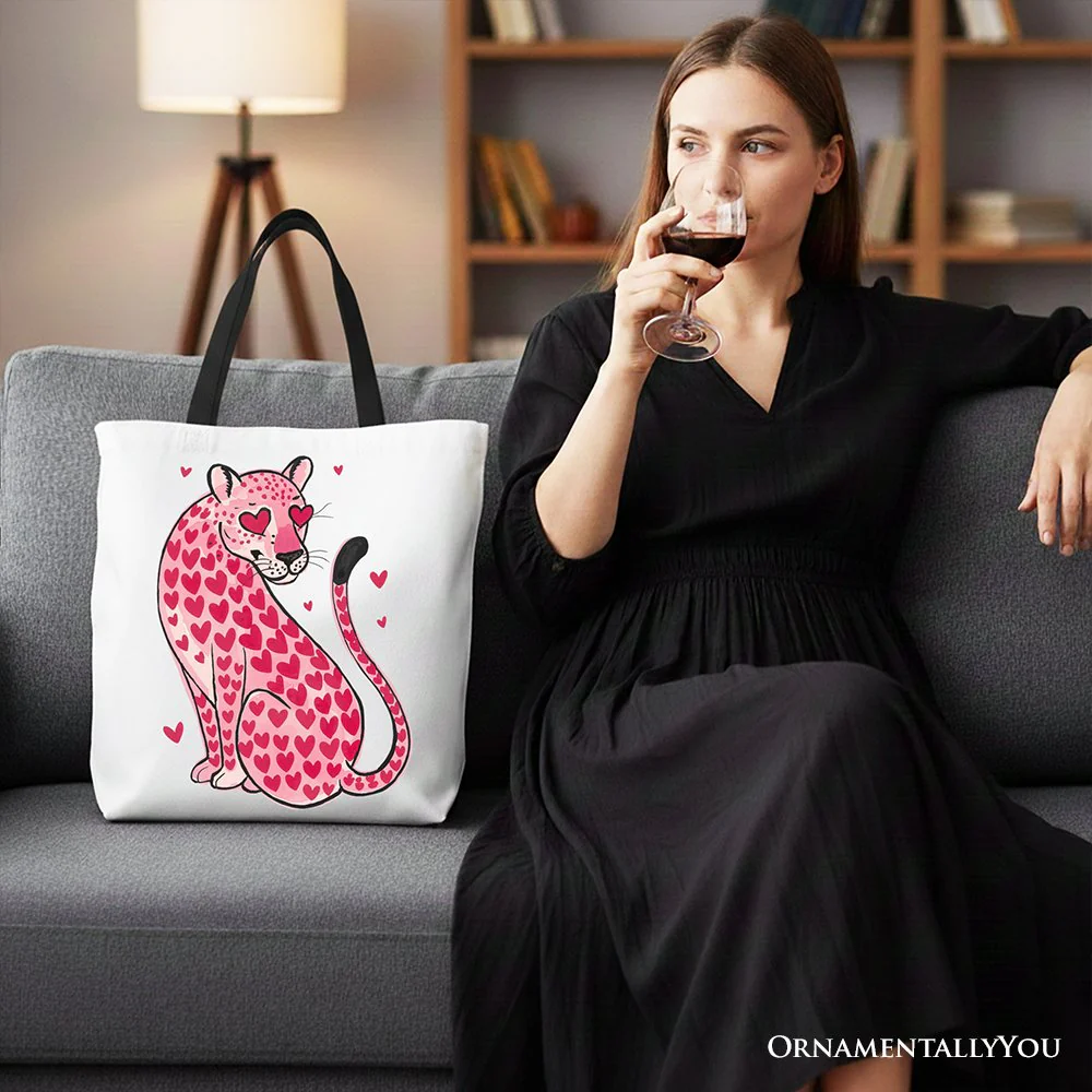 Pink Leopard Valentine Canvas Tote Bag, Cute Hearts Reusable Urban Bag - Image 6