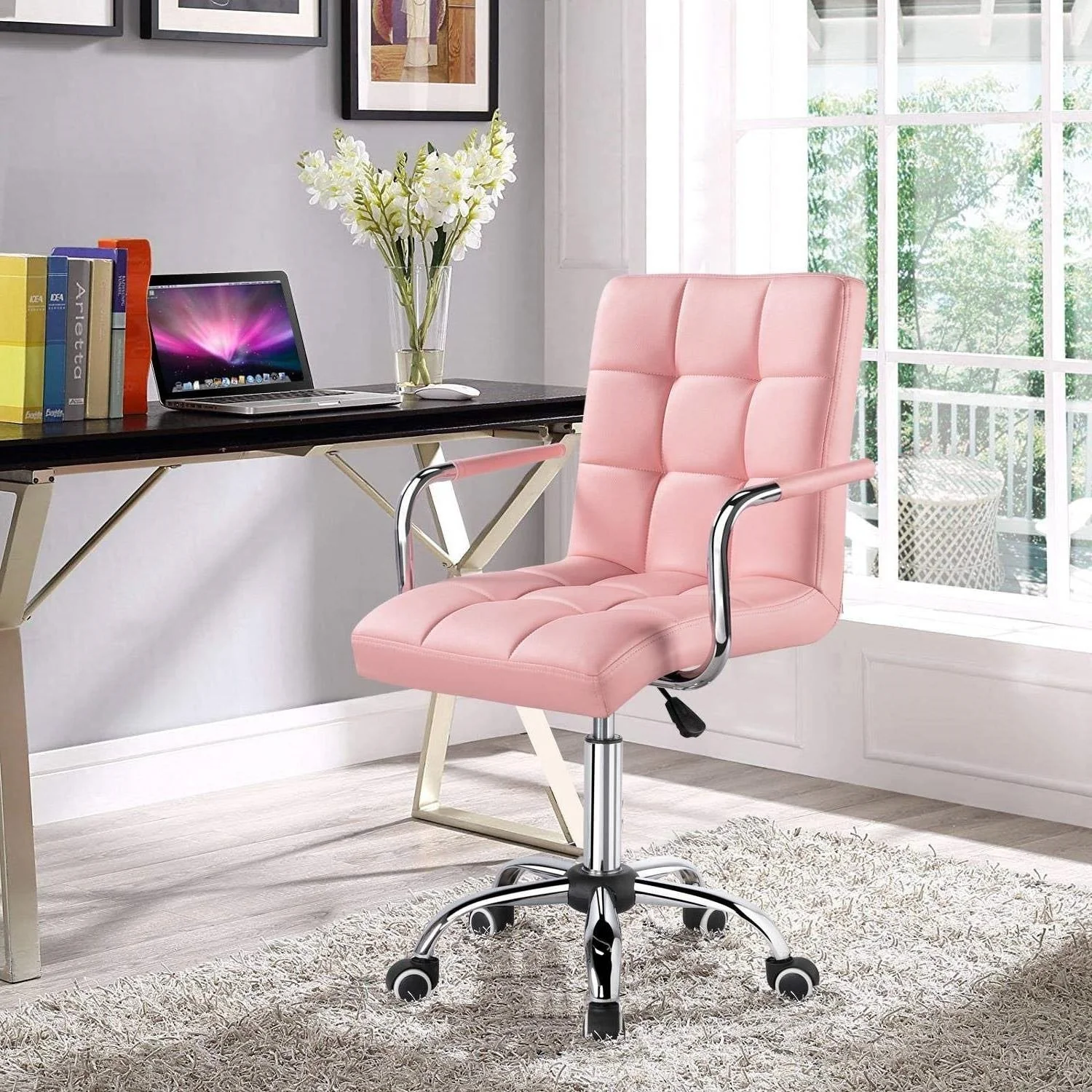 Pink Modern Faux Leather Mid-Back Swivel Office Chair with Armrests and Wheels - Image 2