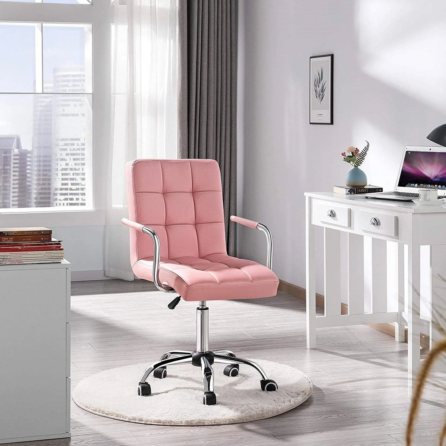 Pink Modern Faux Leather Mid-Back Swivel Office Chair with Armrests and Wheels - Image 3