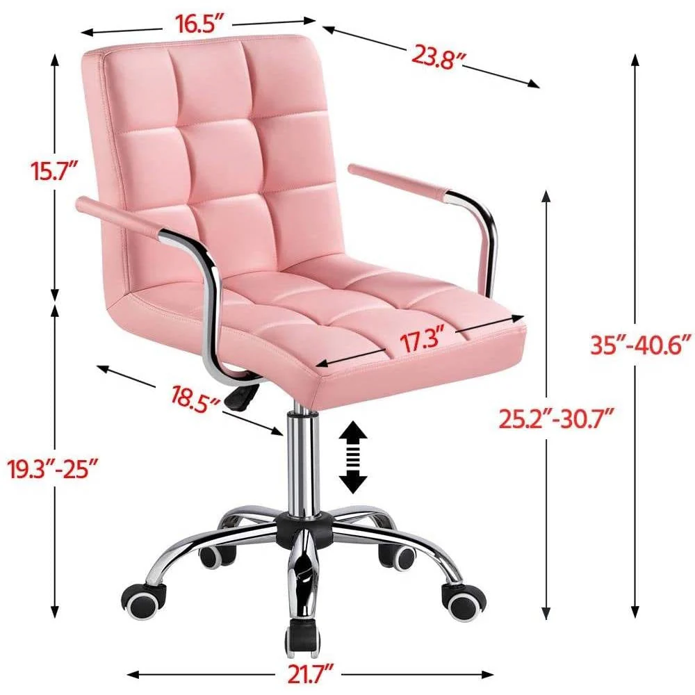 Pink Modern Faux Leather Mid-Back Swivel Office Chair with Armrests and Wheels - Image 4