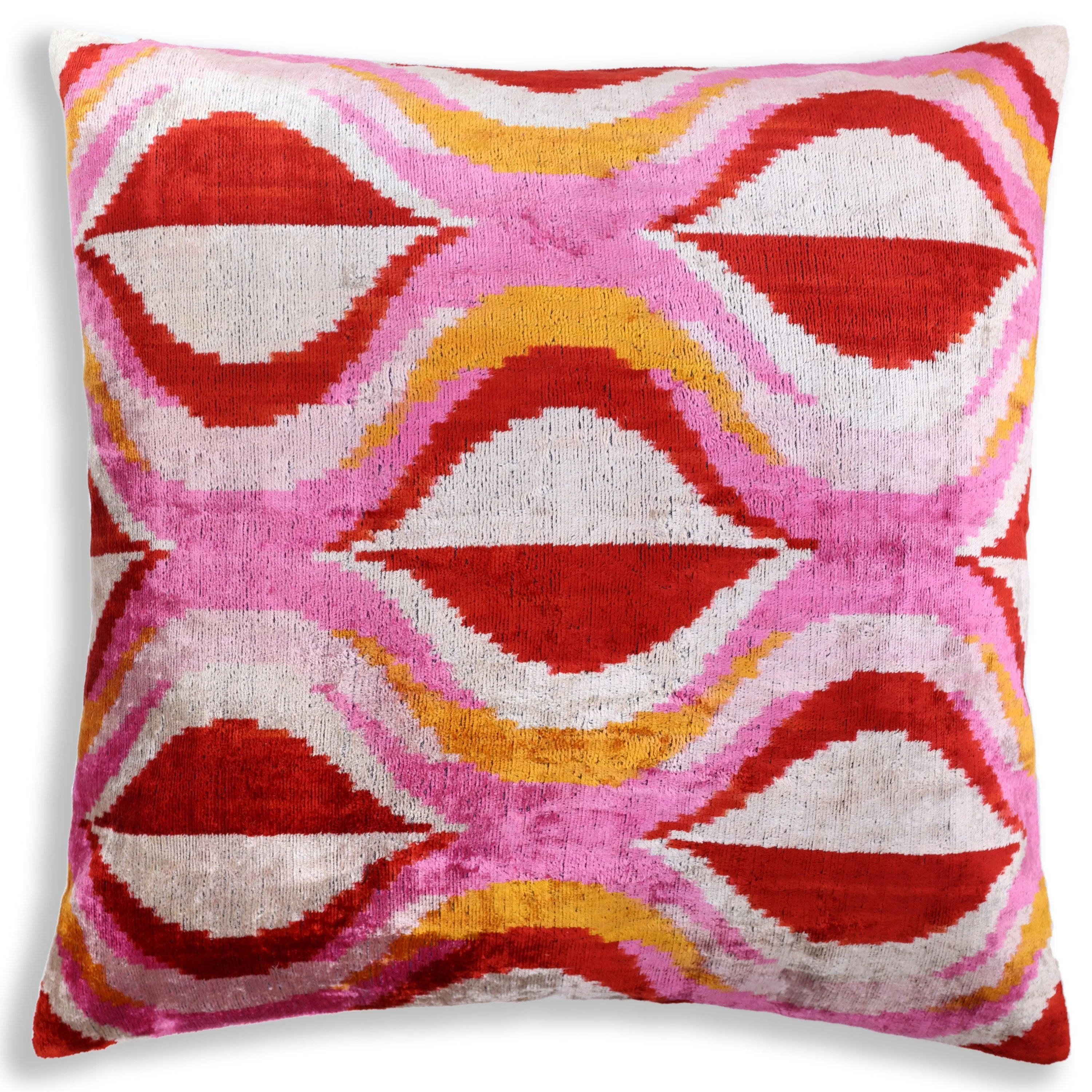 Pink Red Wave Silk Velvet Pillow – 20x20 Handmade Ikat Throw Cushion - Image 5