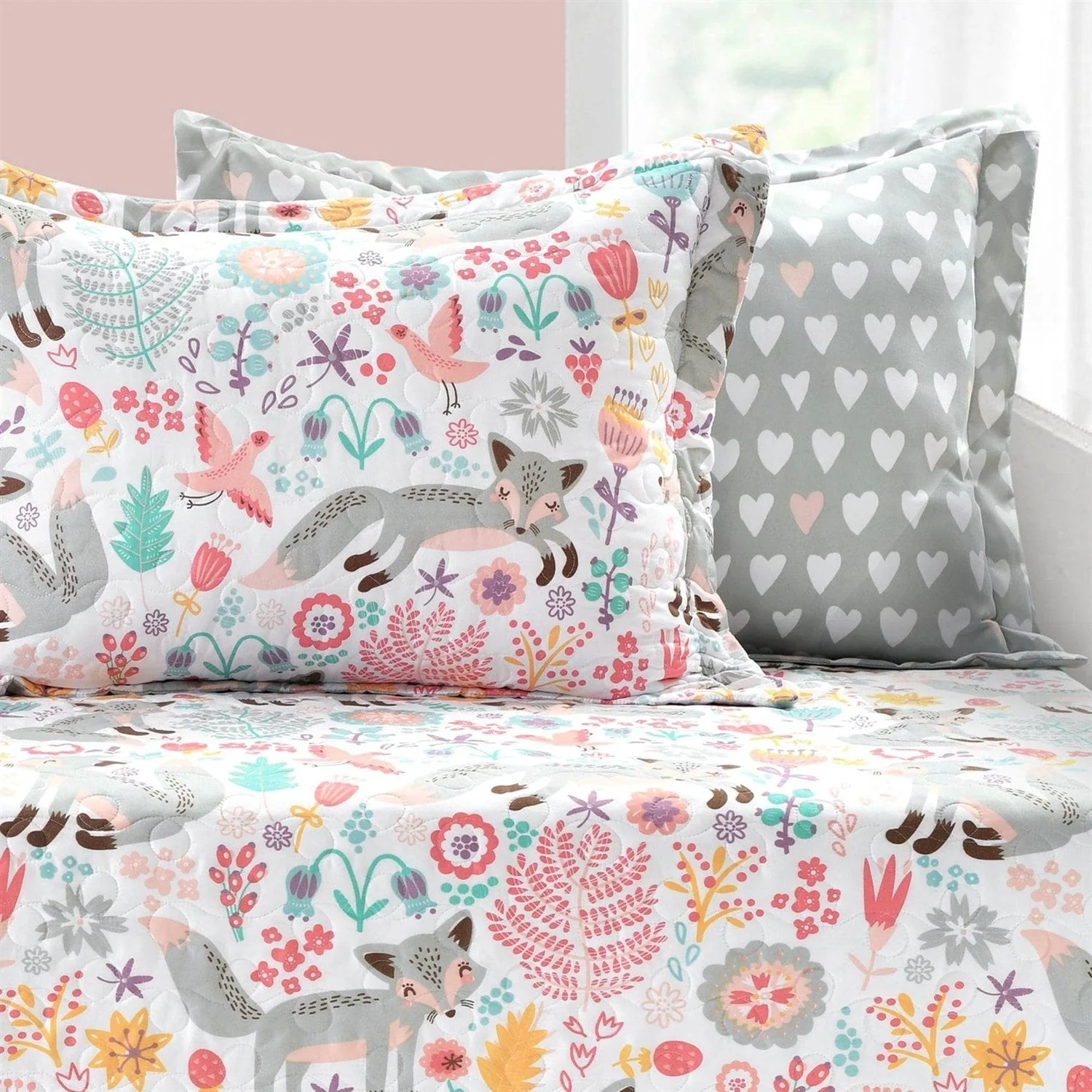 Pink Teal Orange Grey 6 Piece Floral Foxes Daybed Cover Bedding Set - Image 2