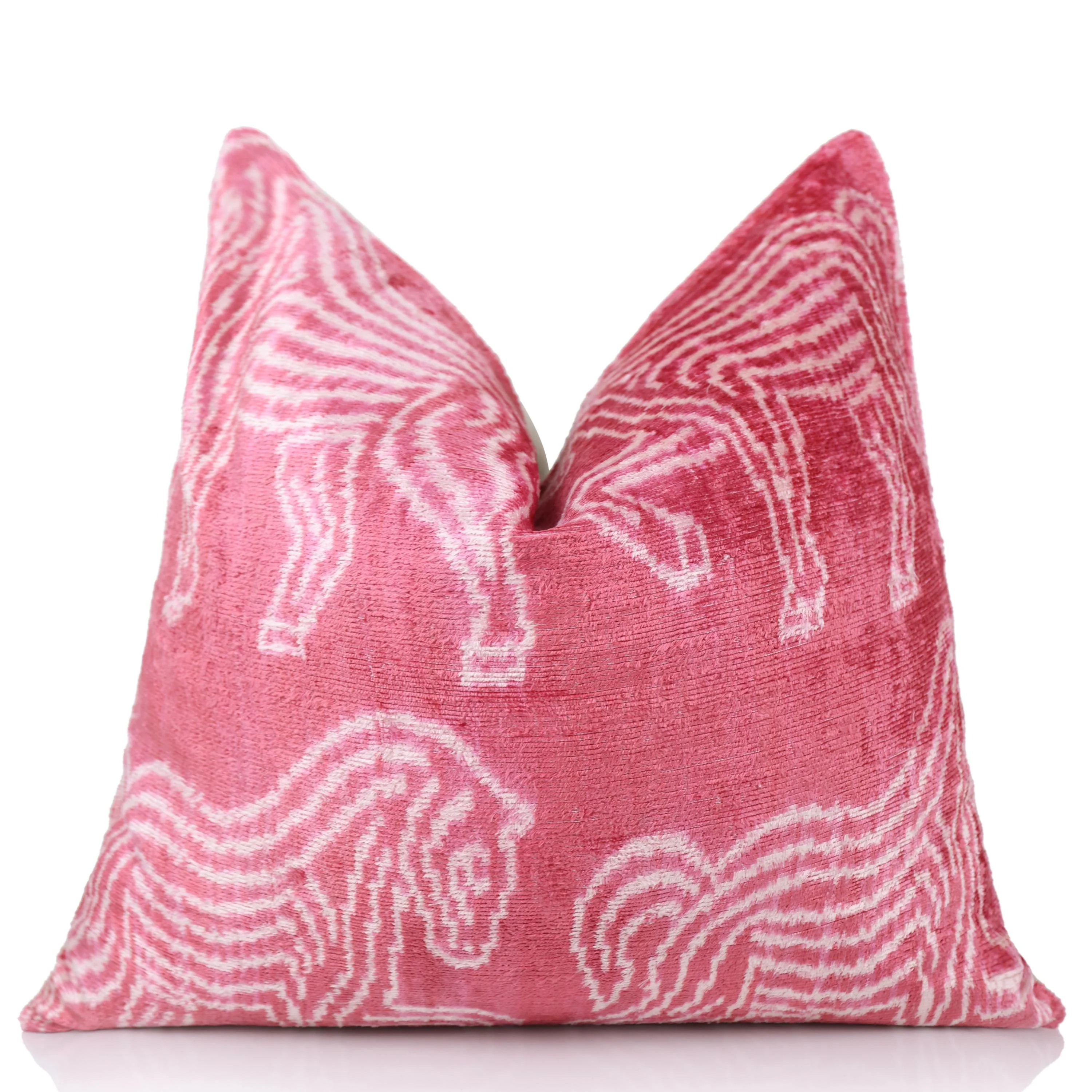 Pink White Zebra Silk Velvet Pillow – 20x20 Handmade Ikat Animal Cushion - Image 5