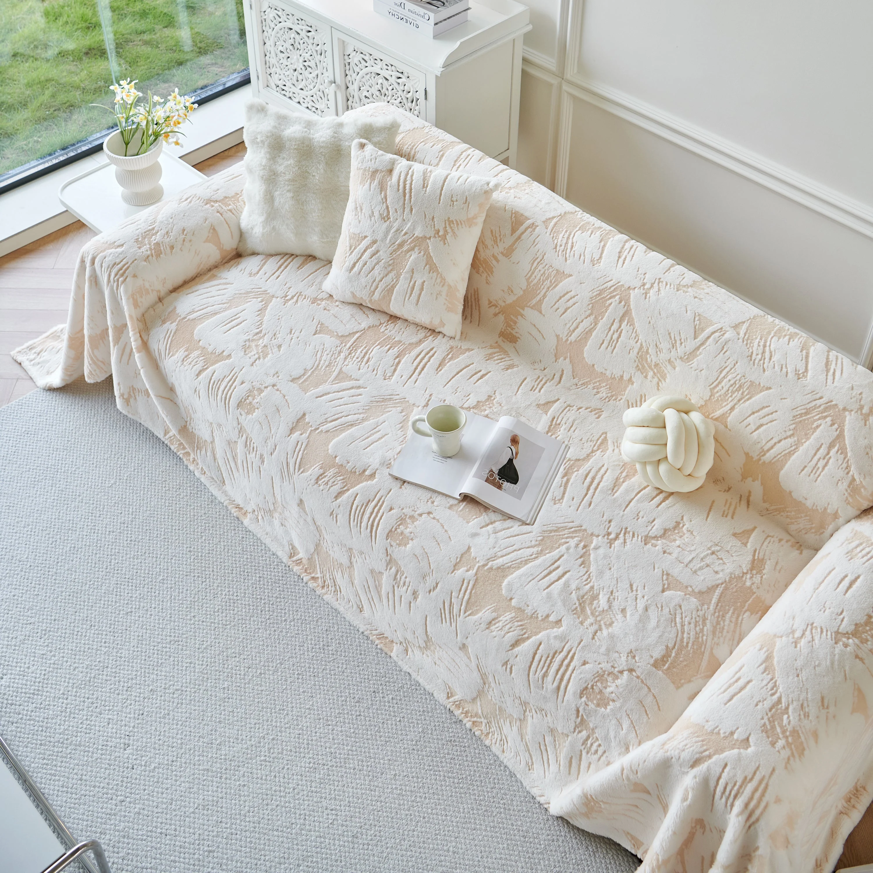 Plush Faux Fur Warm Sofa Cover with Waves Jacquard Textured Throw Blankets for Couch - Image 23