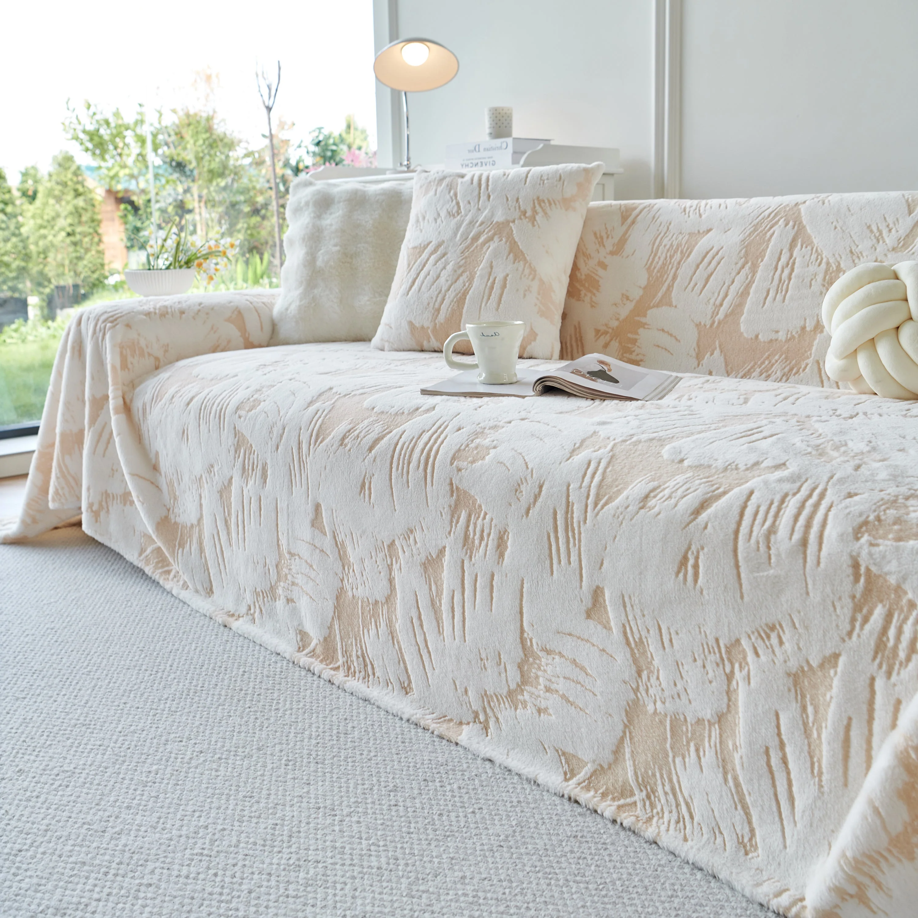 Plush Faux Fur Warm Sofa Cover with Waves Jacquard Textured Throw Blankets for Couch - Image 24