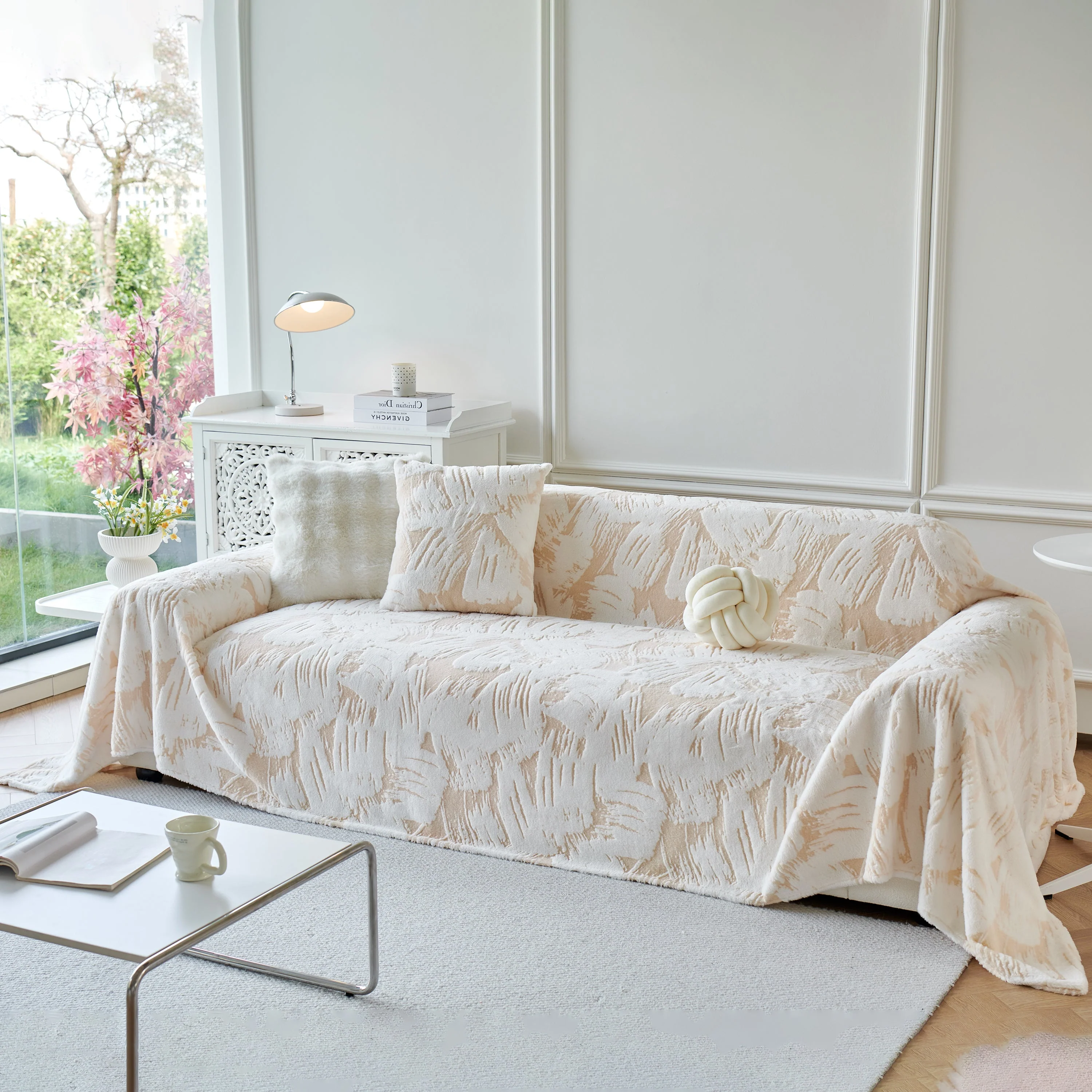 Plush Faux Fur Warm Sofa Cover with Waves Jacquard Textured Throw Blankets for Couch - Image 25