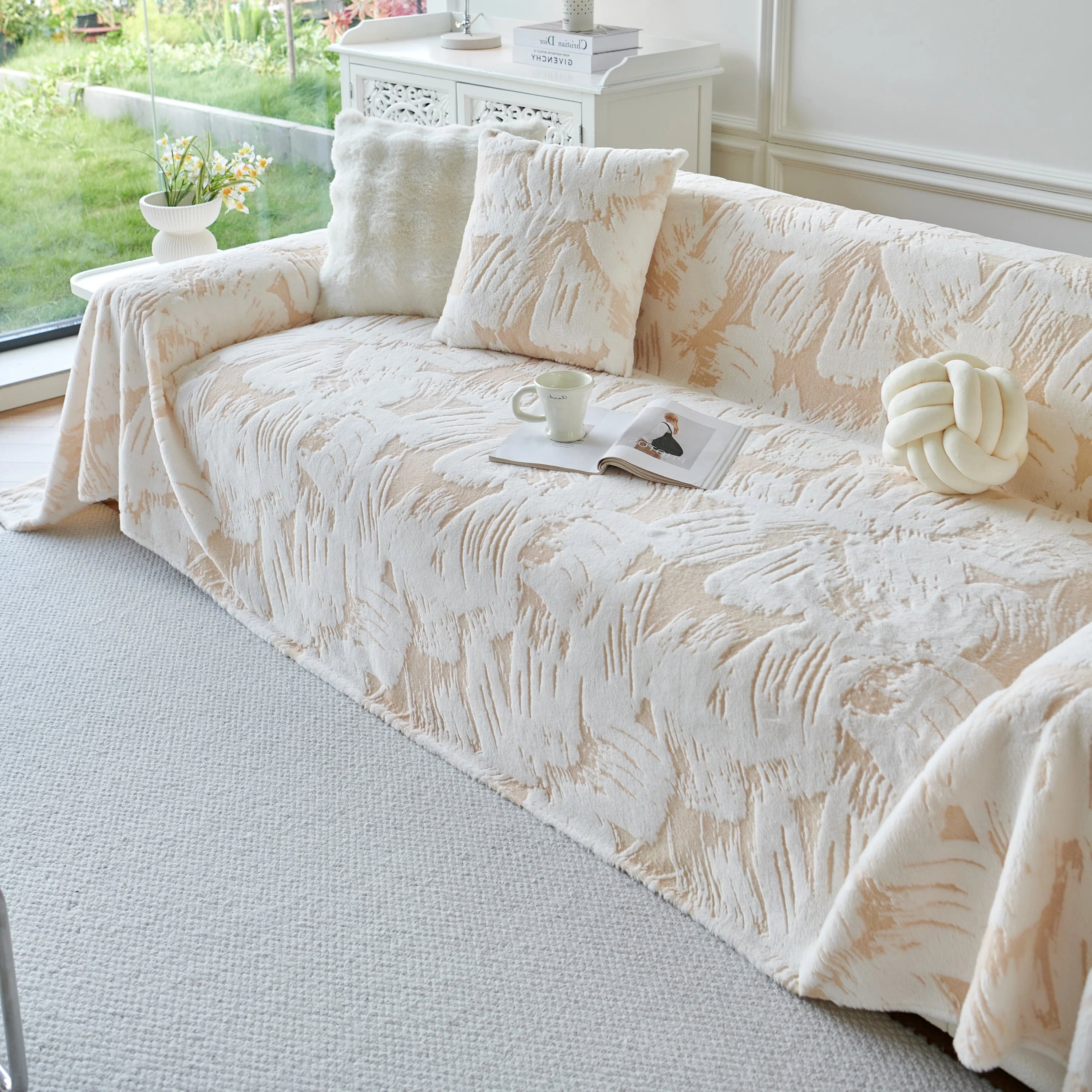 Plush Faux Fur Warm Sofa Cover with Waves Jacquard Textured Throw Blankets for Couch - Image 26