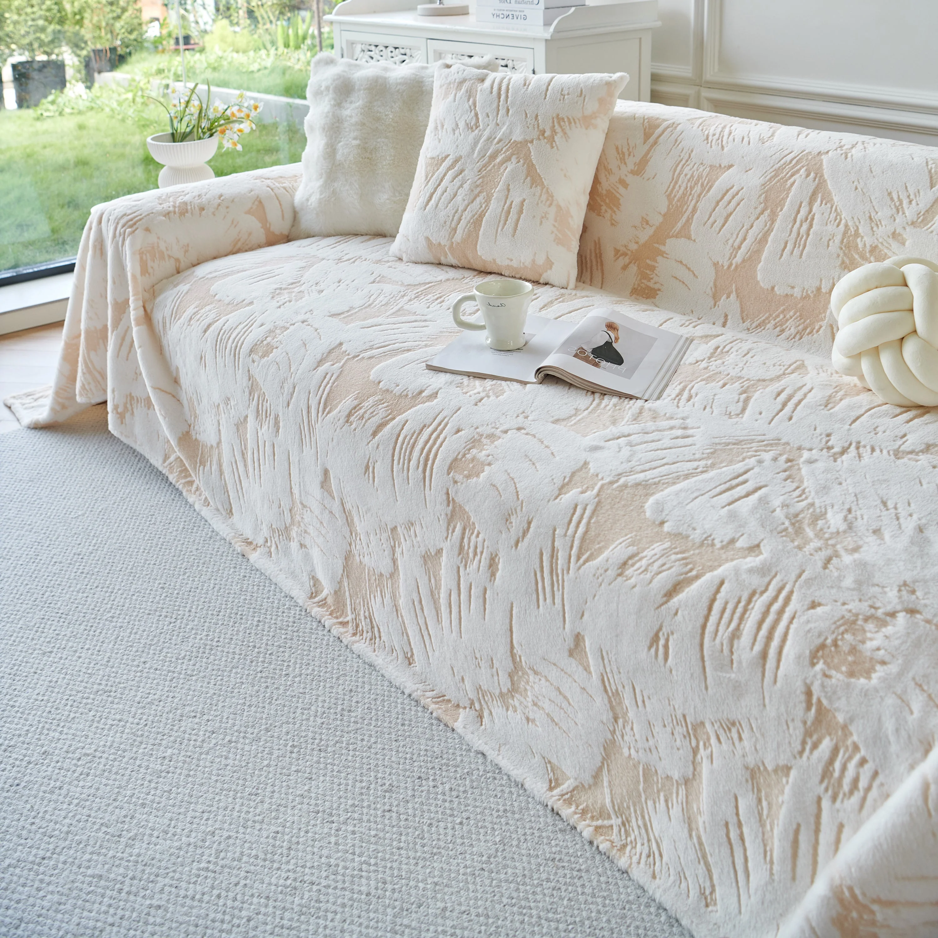 Plush Faux Fur Warm Sofa Cover with Waves Jacquard Textured Throw Blankets for Couch - Image 27