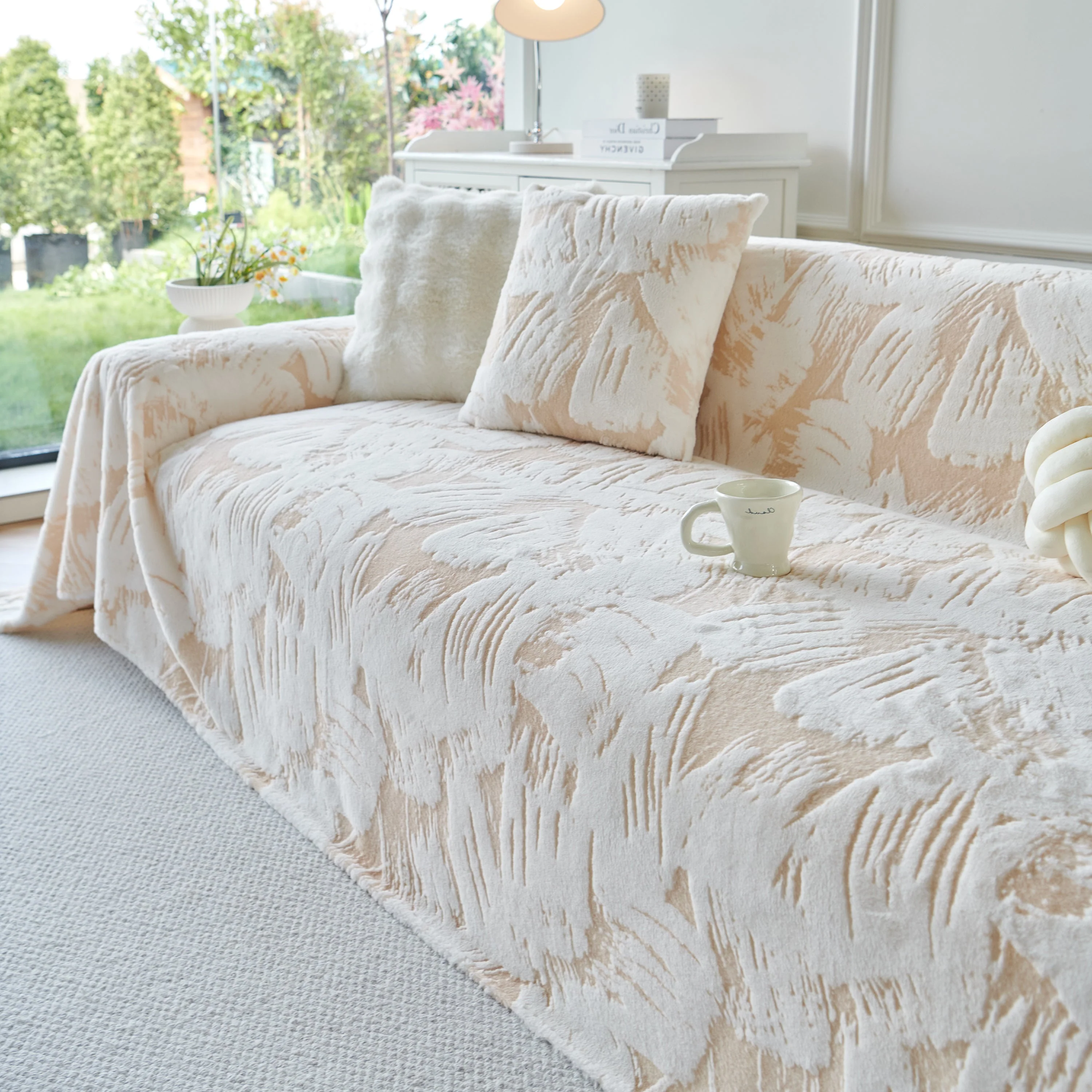 Plush Faux Fur Warm Sofa Cover with Waves Jacquard Textured Throw Blankets for Couch - Image 29