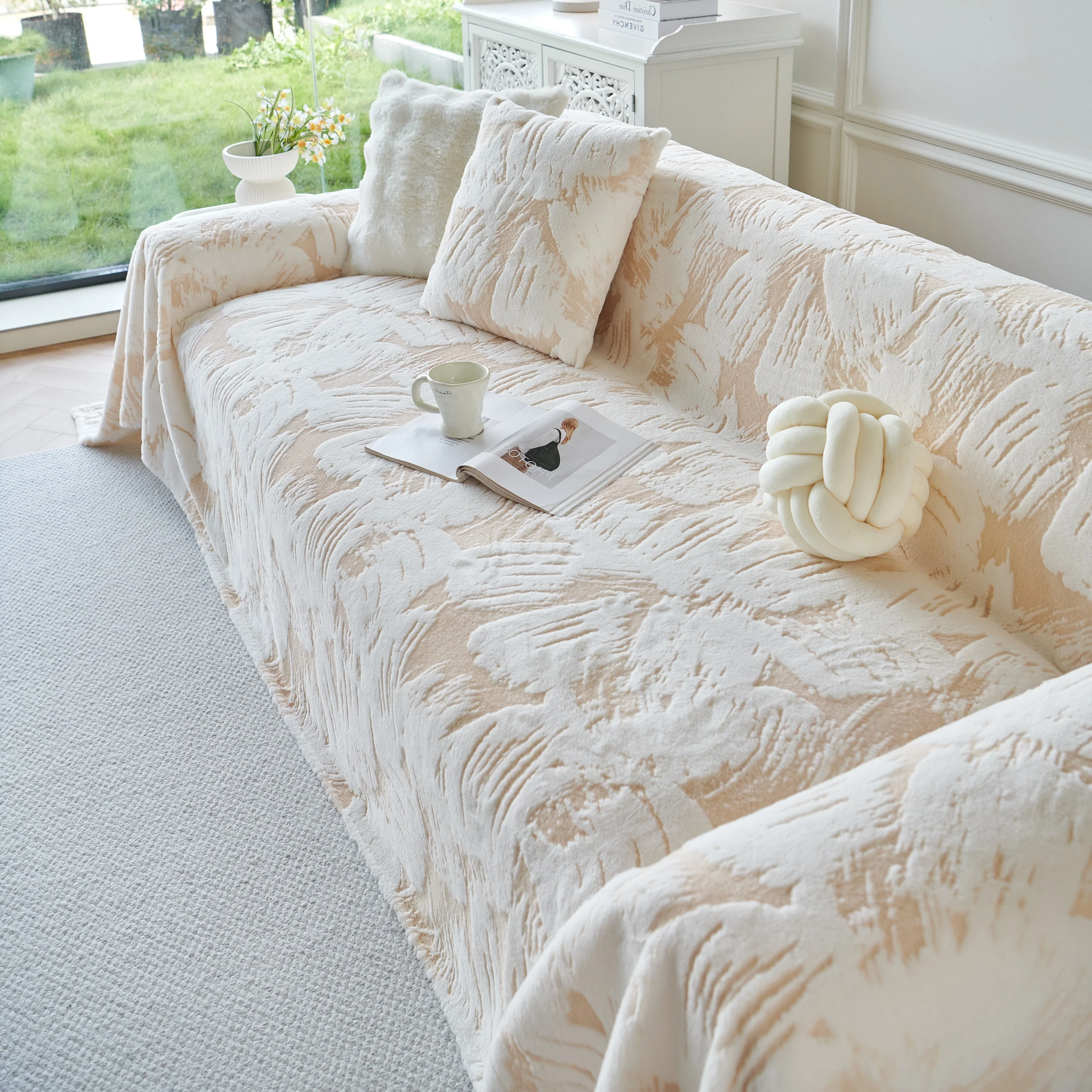 Plush Faux Fur Warm Sofa Cover with Waves Jacquard Textured Throw Blankets for Couch - Image 31