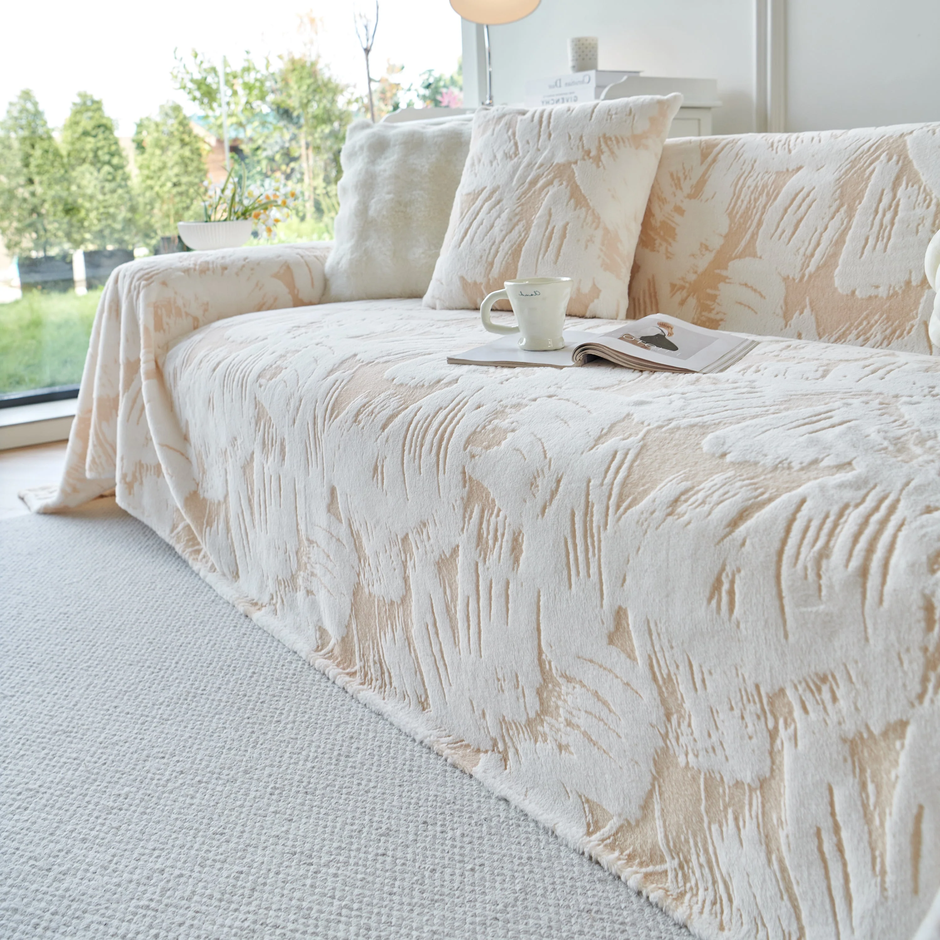 Plush Faux Fur Warm Sofa Cover with Waves Jacquard Textured Throw Blankets for Couch - Image 33