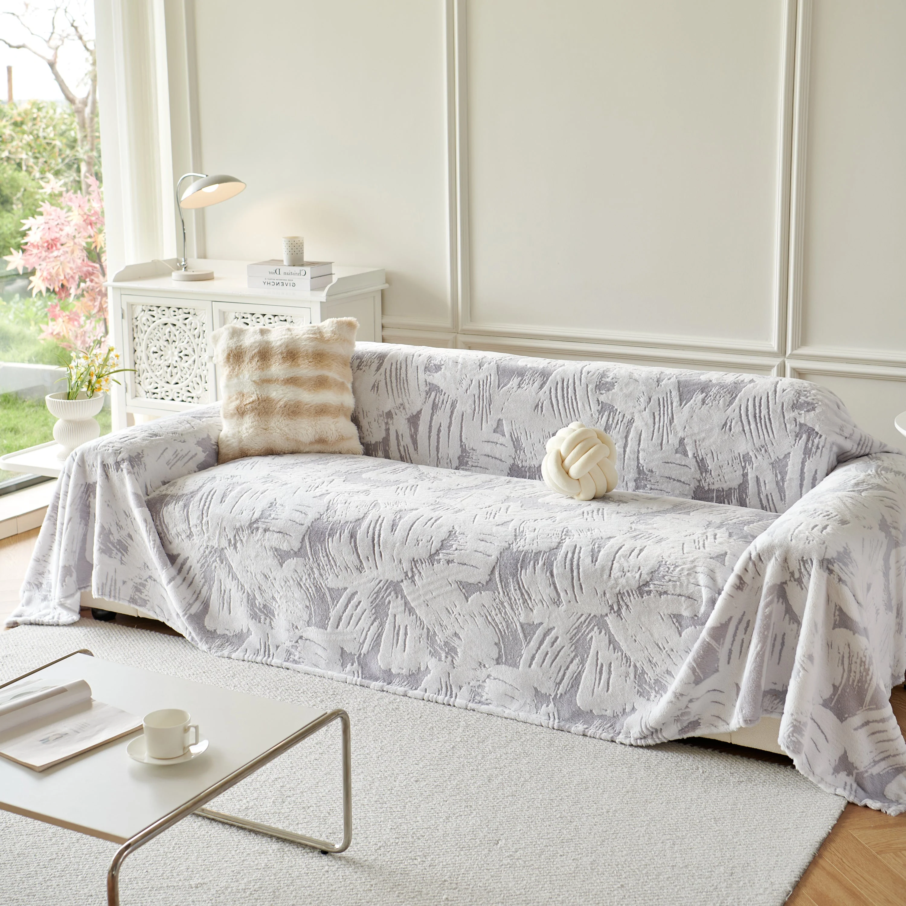 Plush Faux Fur Warm Sofa Cover with Waves Jacquard Textured Throw Blankets for Couch - Image 34