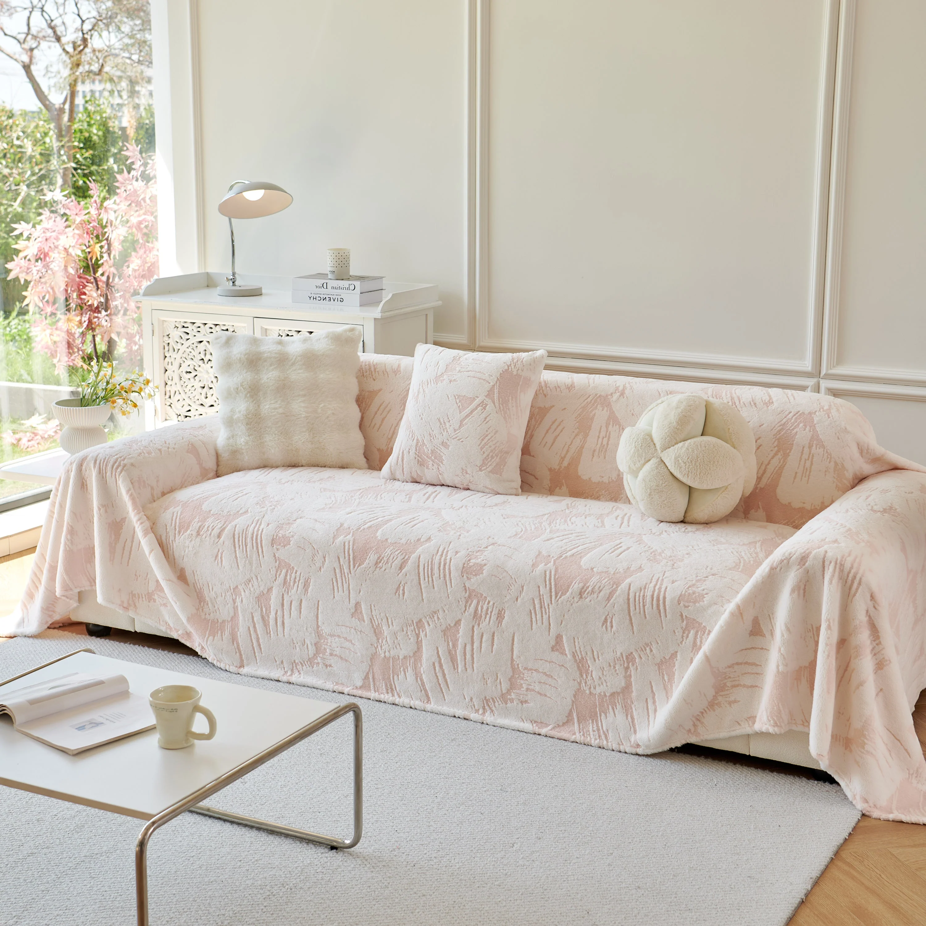 Plush Faux Fur Warm Sofa Cover with Waves Jacquard Textured Throw Blankets for Couch - Image 36