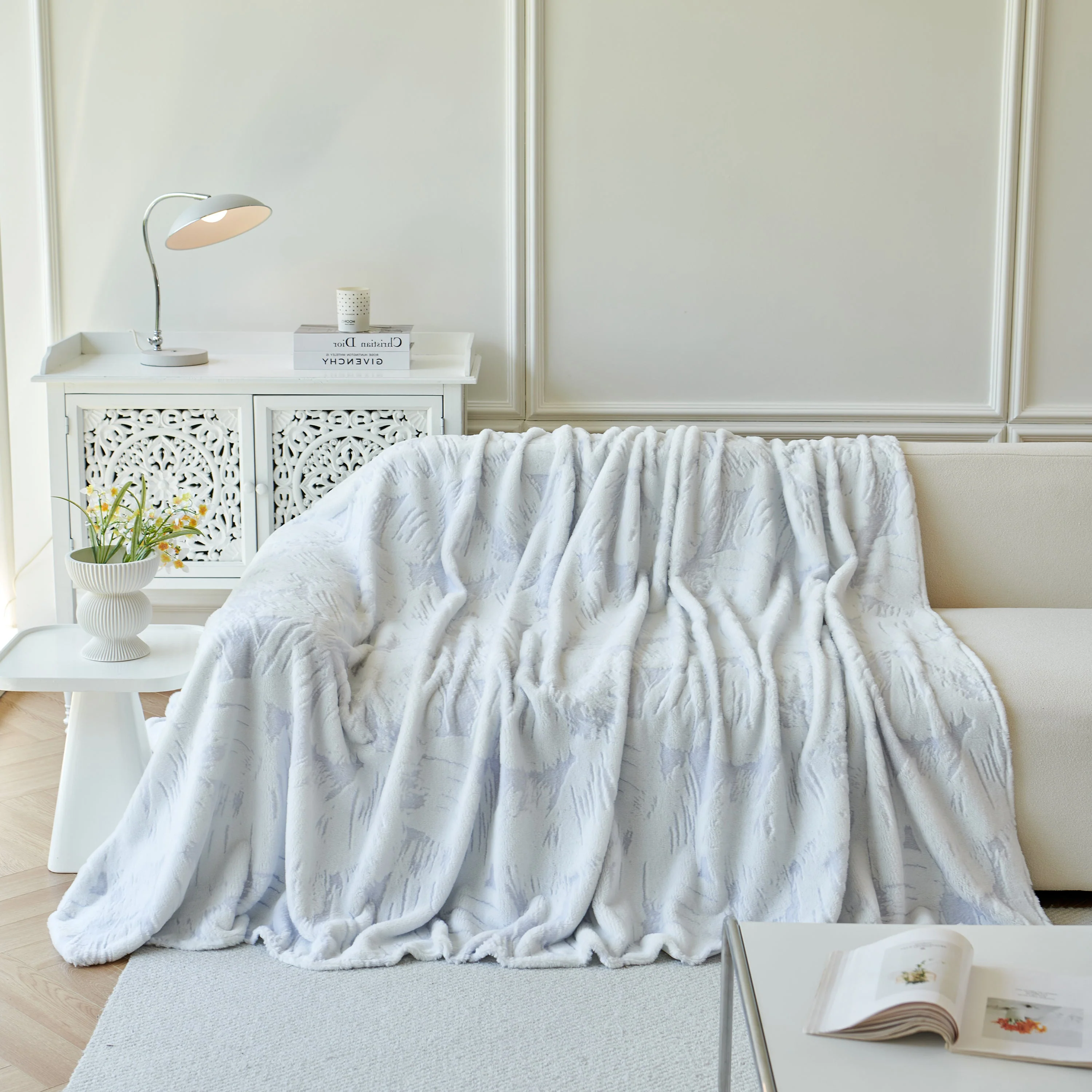 Plush Faux Fur Warm Sofa Cover with Waves Jacquard Textured Throw Blankets for Couch - Image 45