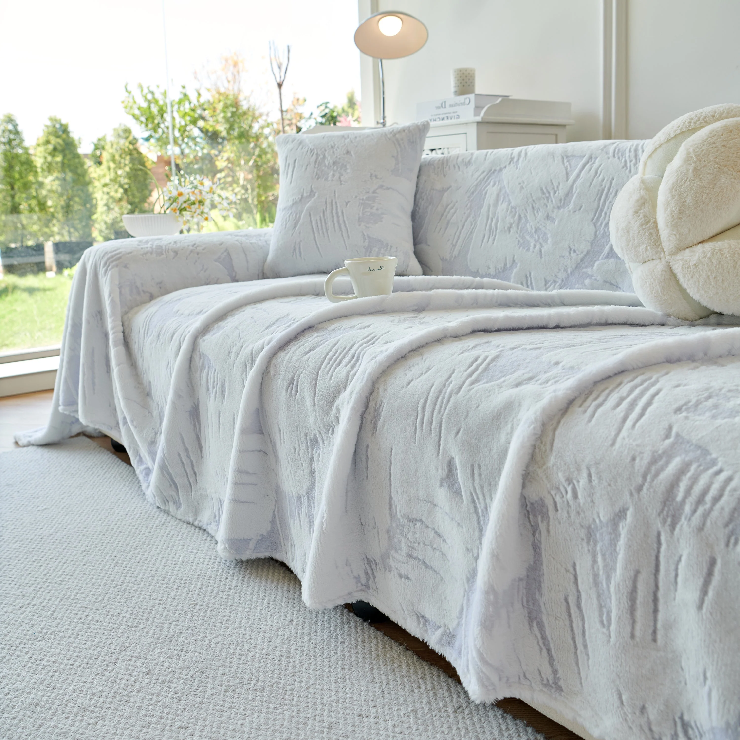 Plush Faux Fur Warm Sofa Cover with Waves Jacquard Textured Throw Blankets for Couch - Image 46
