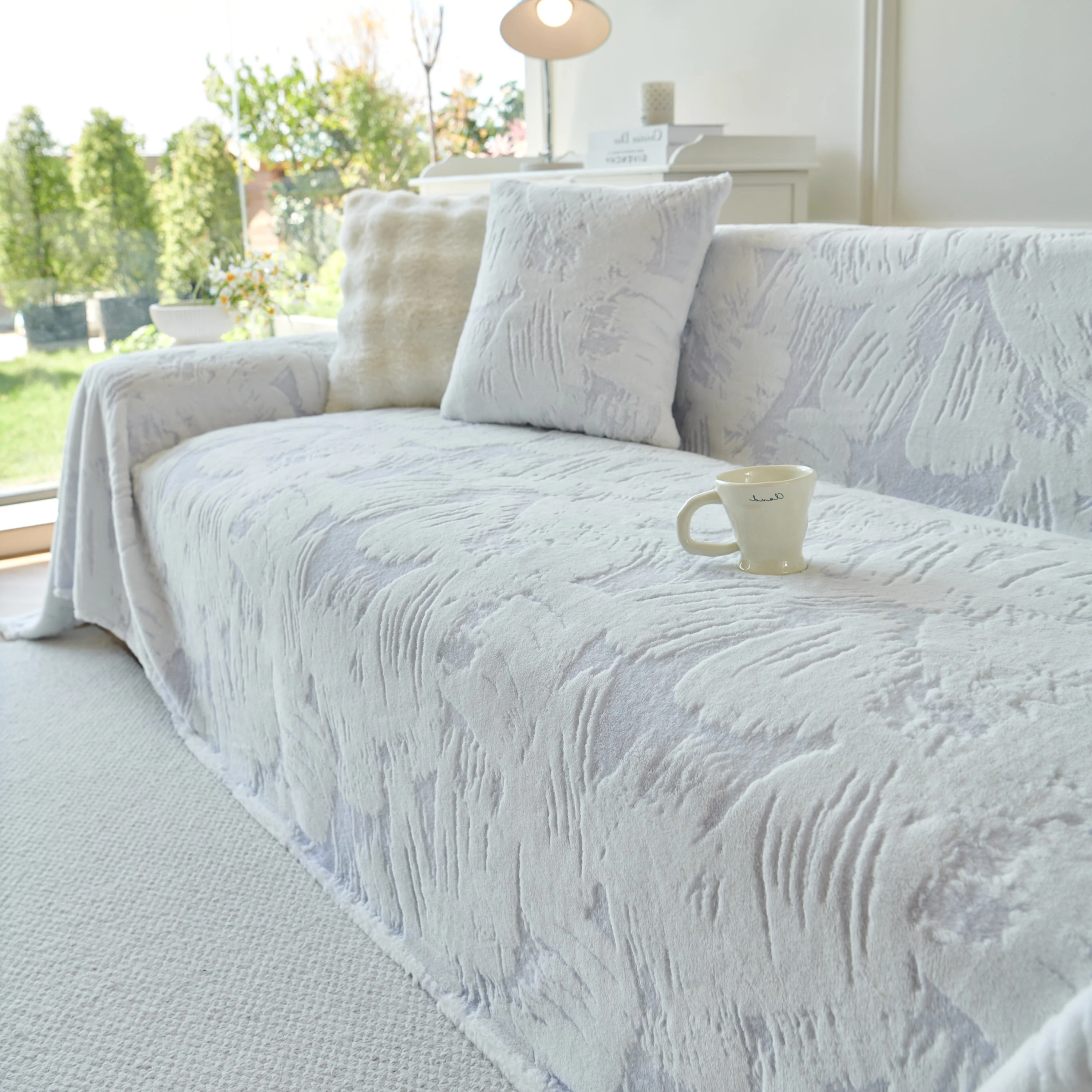 Plush Faux Fur Warm Sofa Cover with Waves Jacquard Textured Throw Blankets for Couch - Image 50