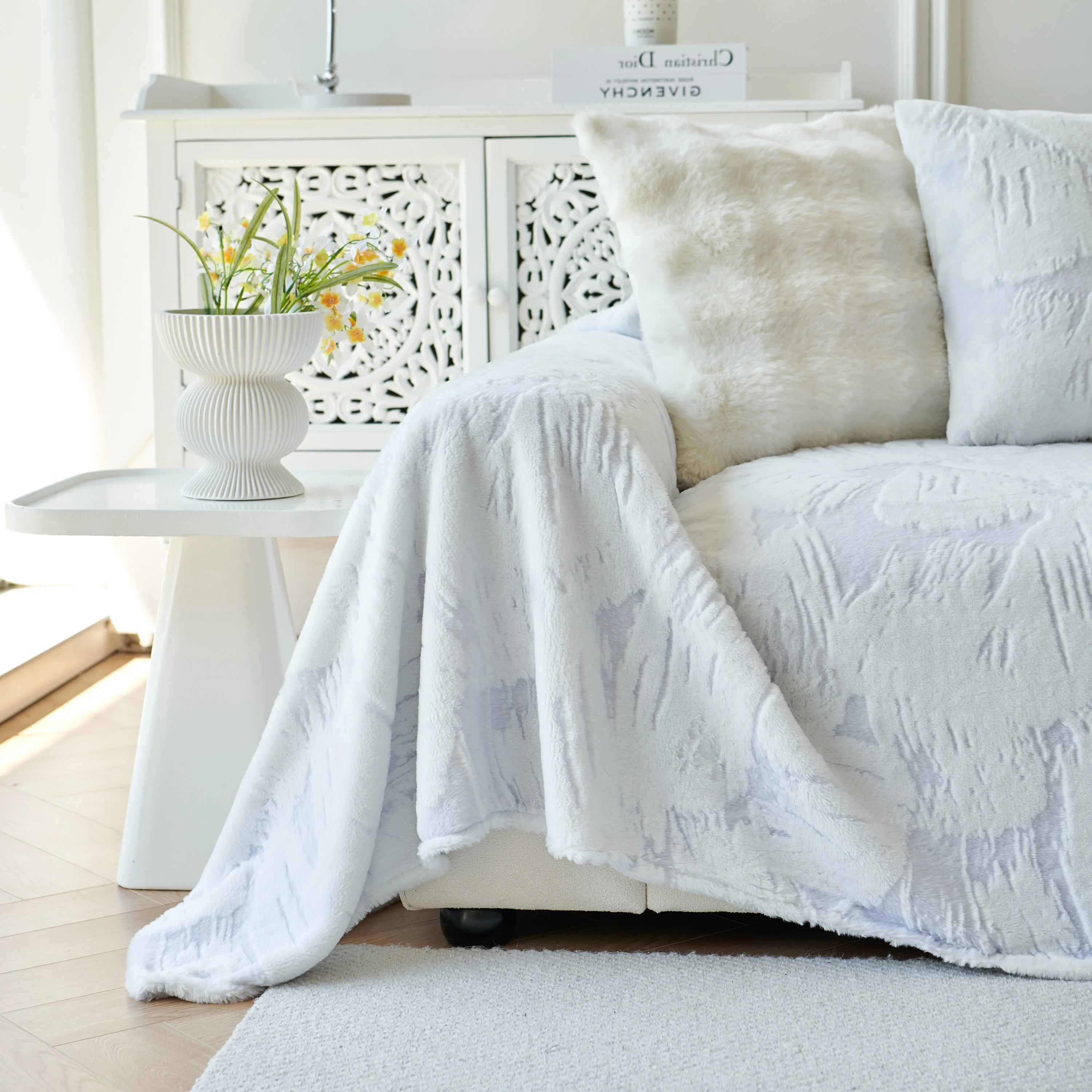 Plush Faux Fur Warm Sofa Cover with Waves Jacquard Textured Throw Blankets for Couch - Image 51