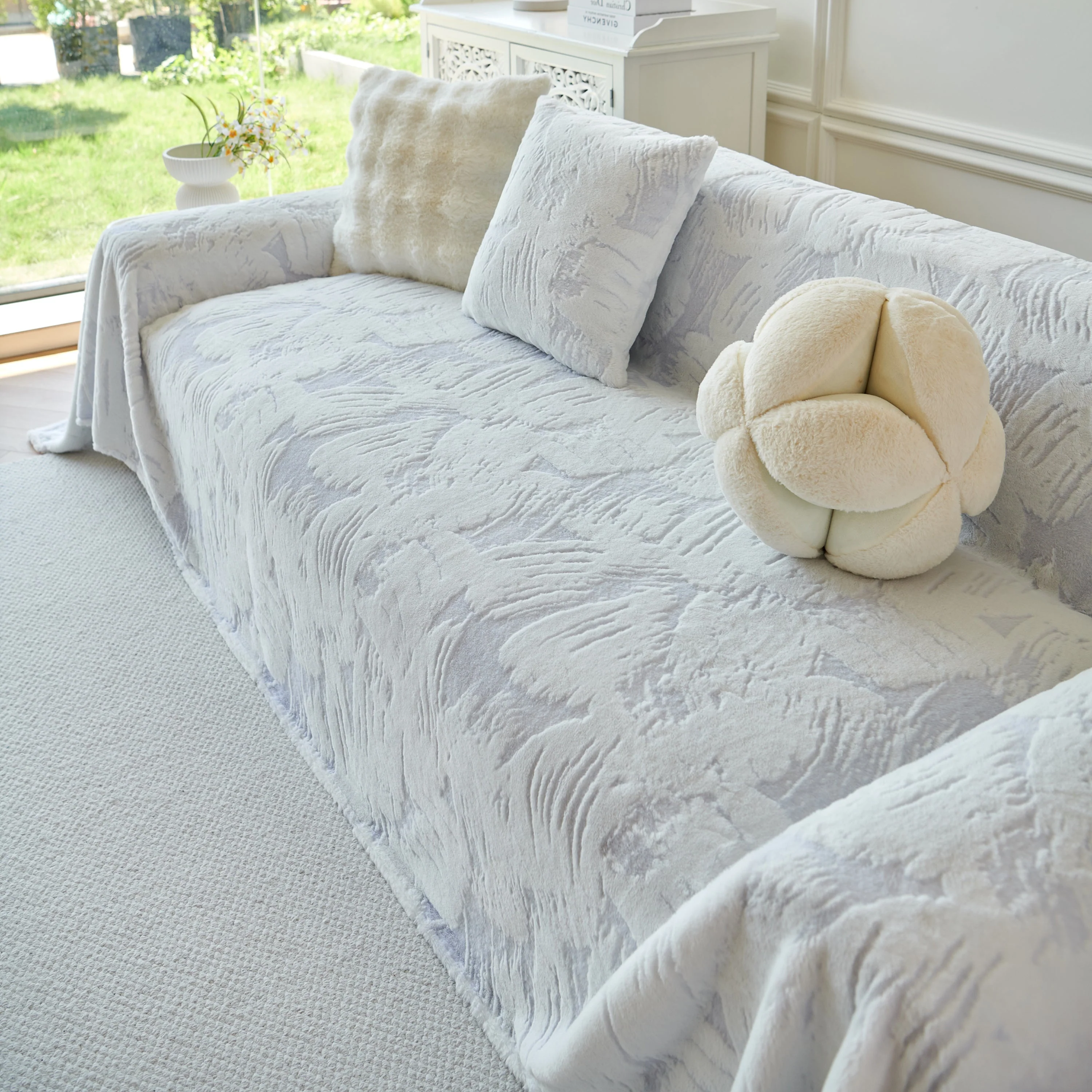 Plush Faux Fur Warm Sofa Cover with Waves Jacquard Textured Throw Blankets for Couch - Image 53