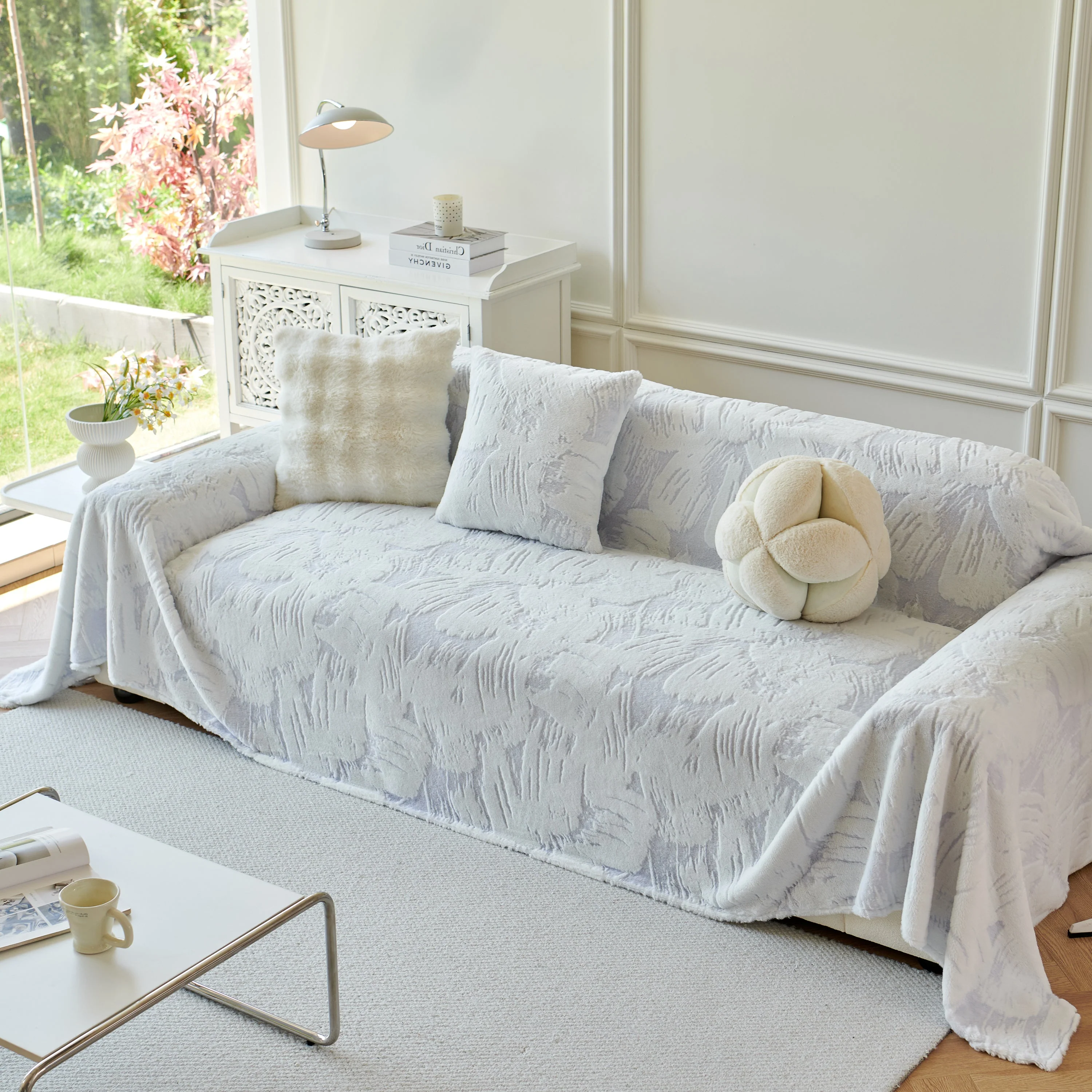 Plush Faux Fur Warm Sofa Cover with Waves Jacquard Textured Throw Blankets for Couch - Image 54