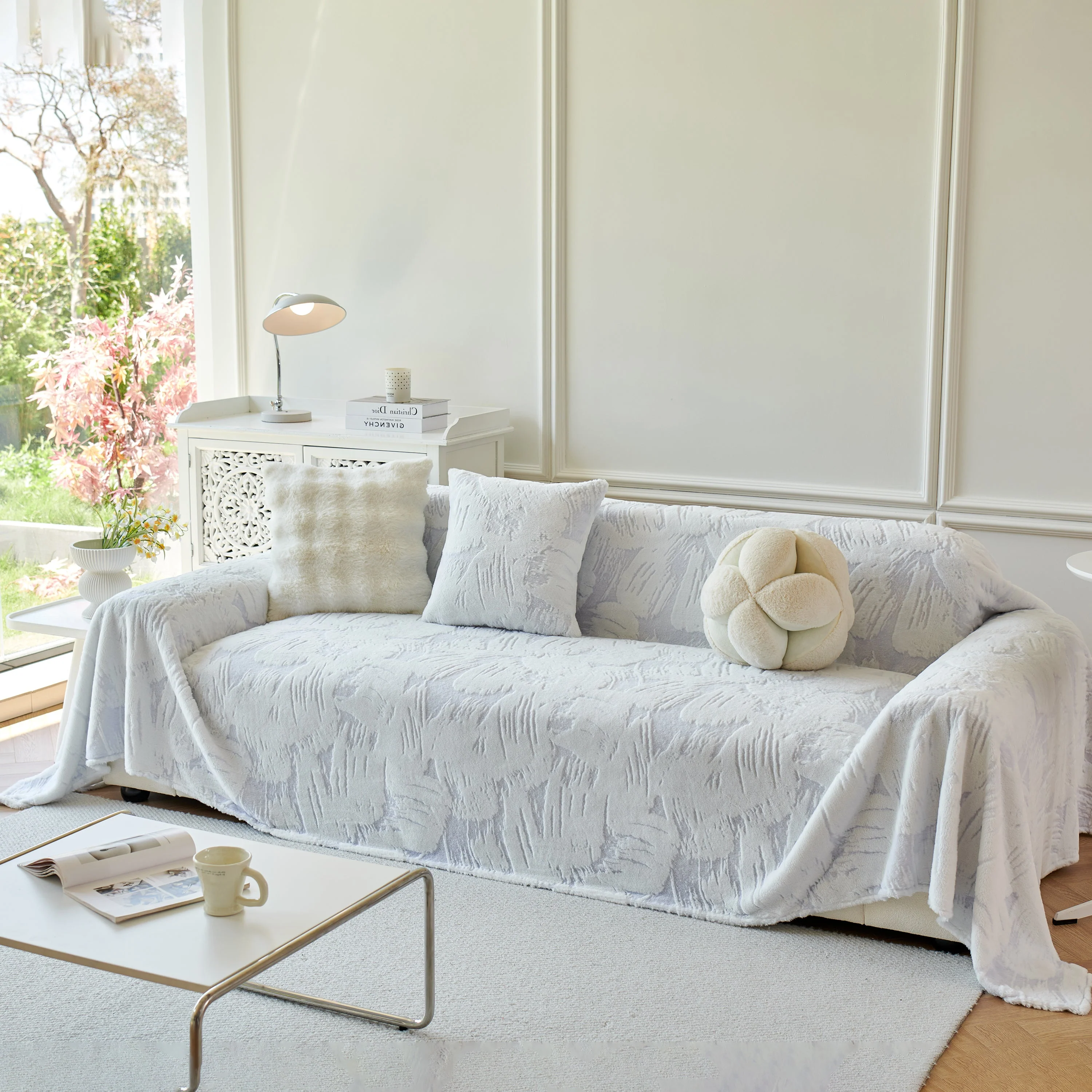 Plush Faux Fur Warm Sofa Cover with Waves Jacquard Textured Throw Blankets for Couch - Image 55