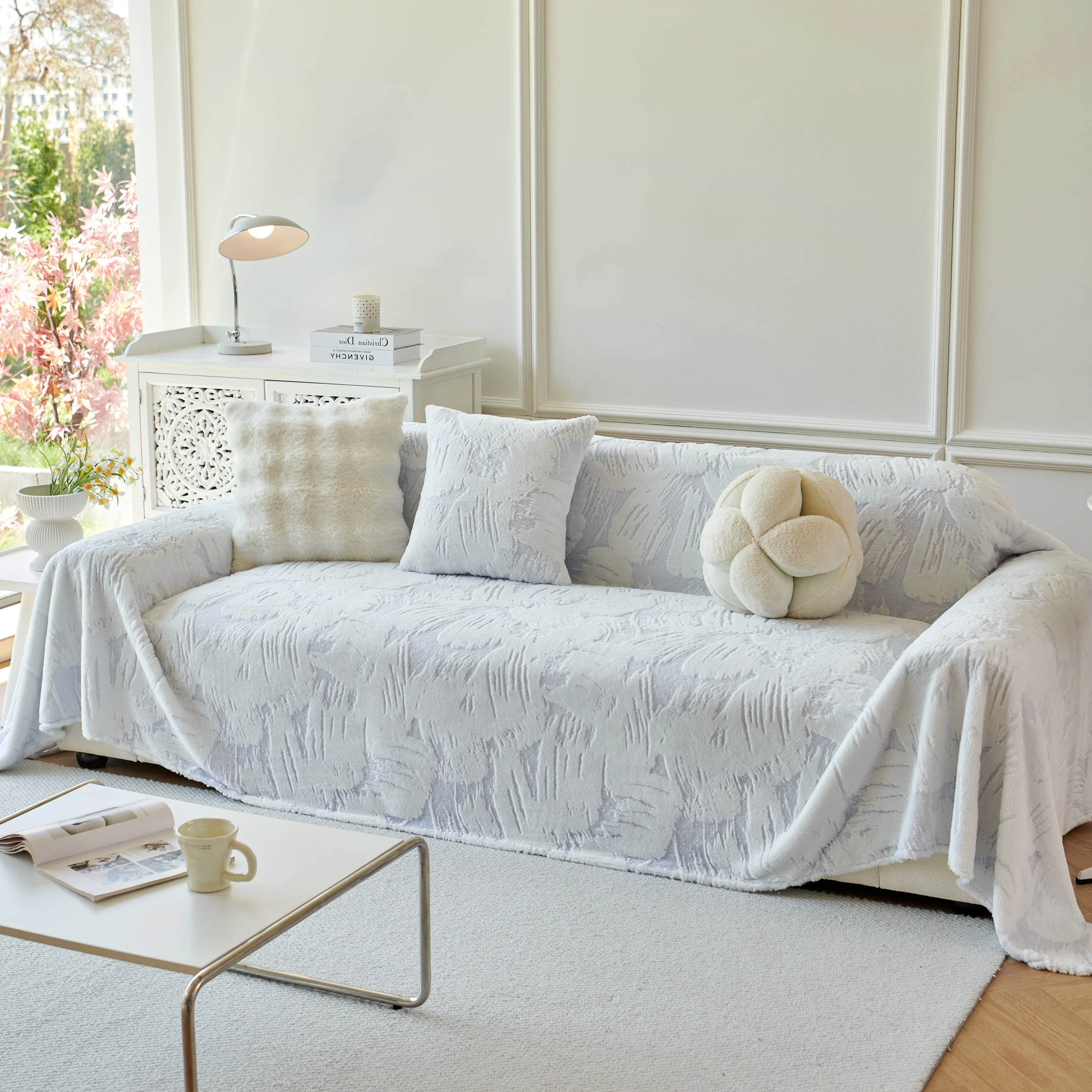 Plush Faux Fur Warm Sofa Cover with Waves Jacquard Textured Throw Blankets for Couch - Image 56
